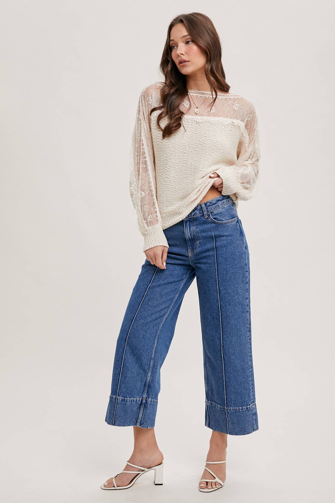 BOAT NECK LACE TRIMMED KNIT SWEATER PULLOVER - Mainstream Boutique