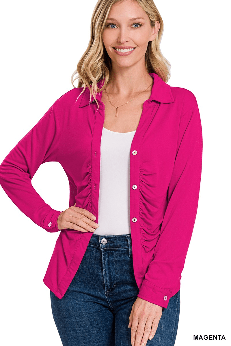 Stretchy Button - Down Shirt W/ Ruched Detail - Mainstream Boutique