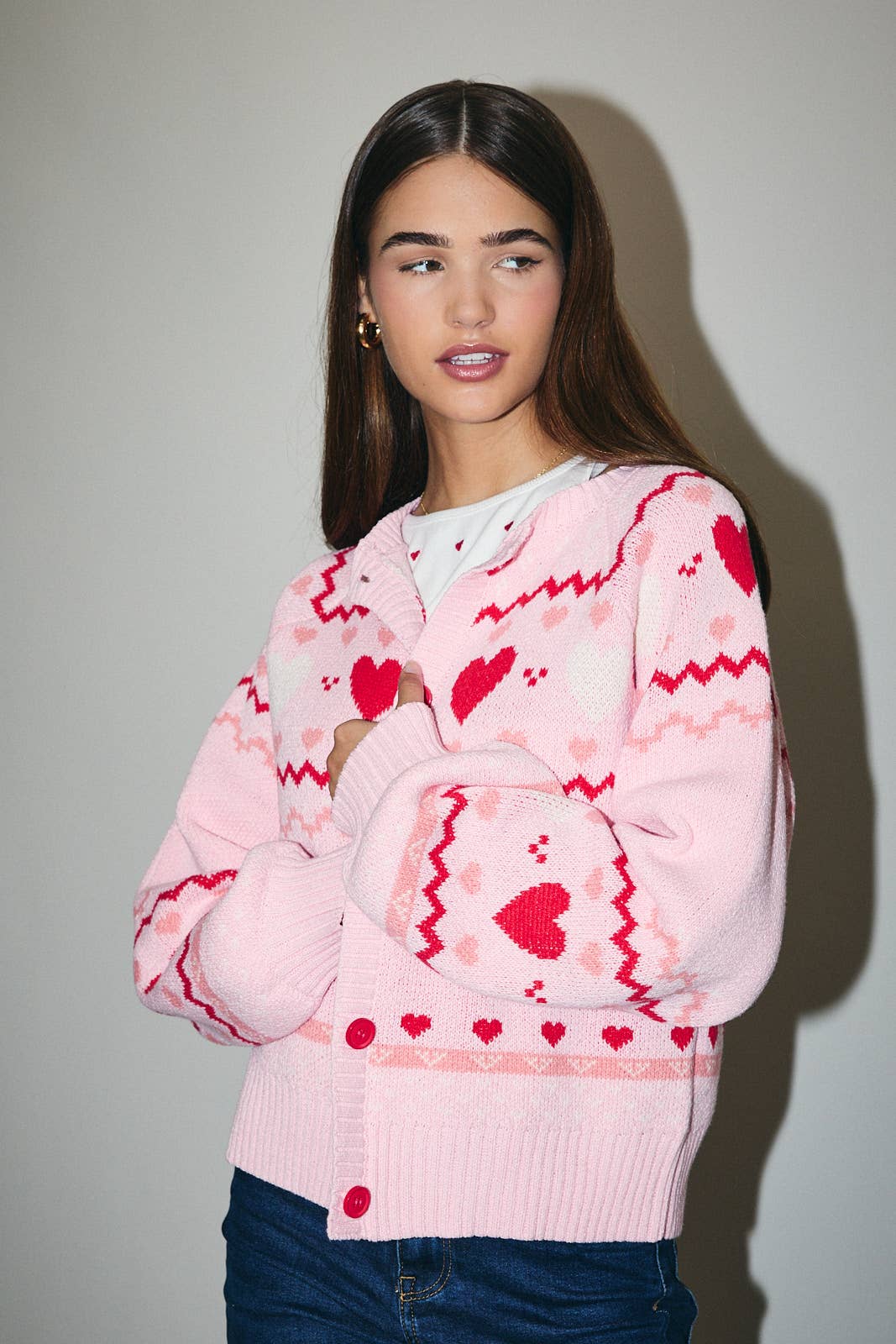 ROUND NECK LONG SLEEVE "HEART" PATTERN SWEATER CARDIGAN - Mainstream Boutique