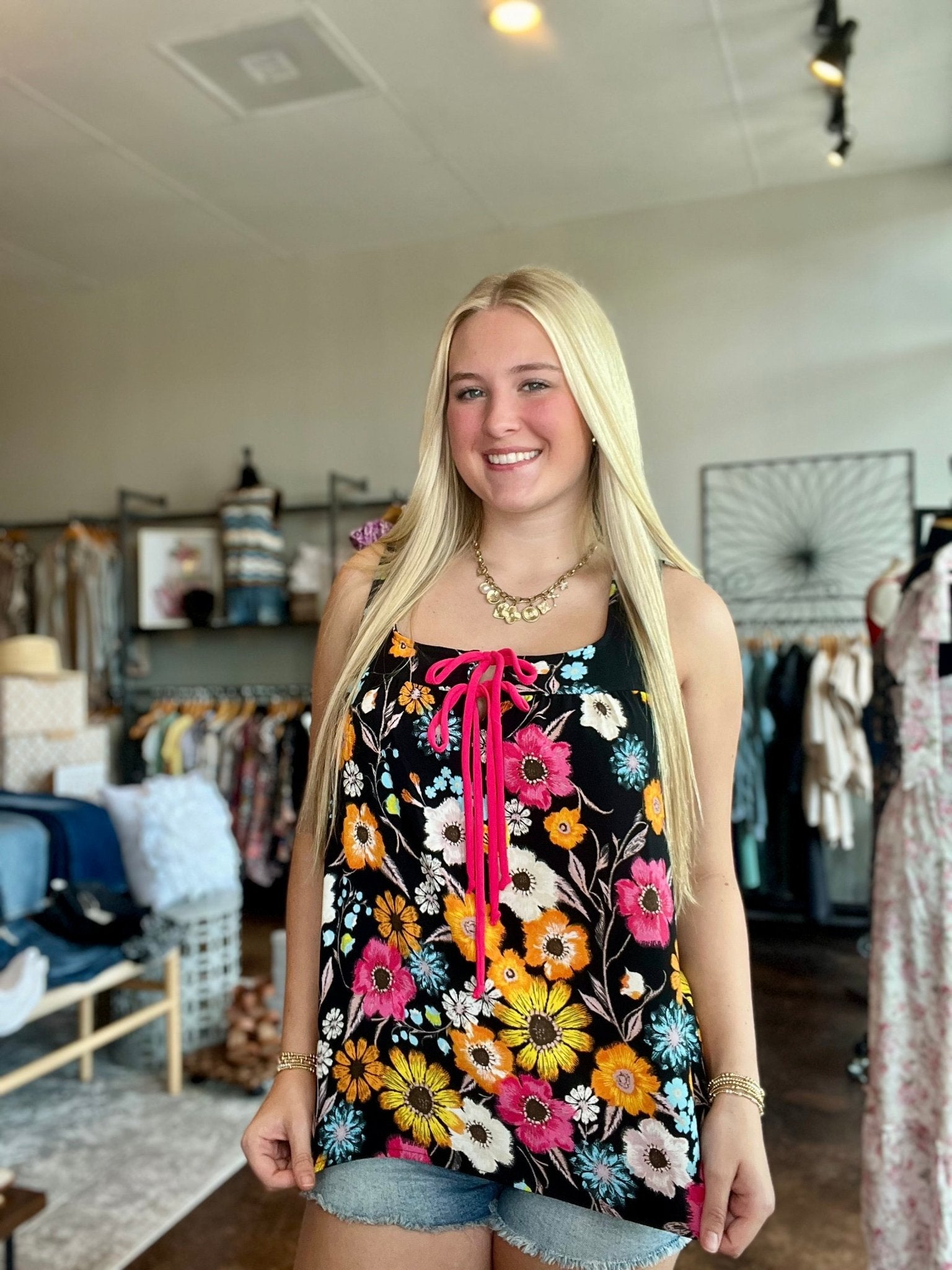 Floral Square Neck Babydoll Top With Front Ties - Mainstream Boutique