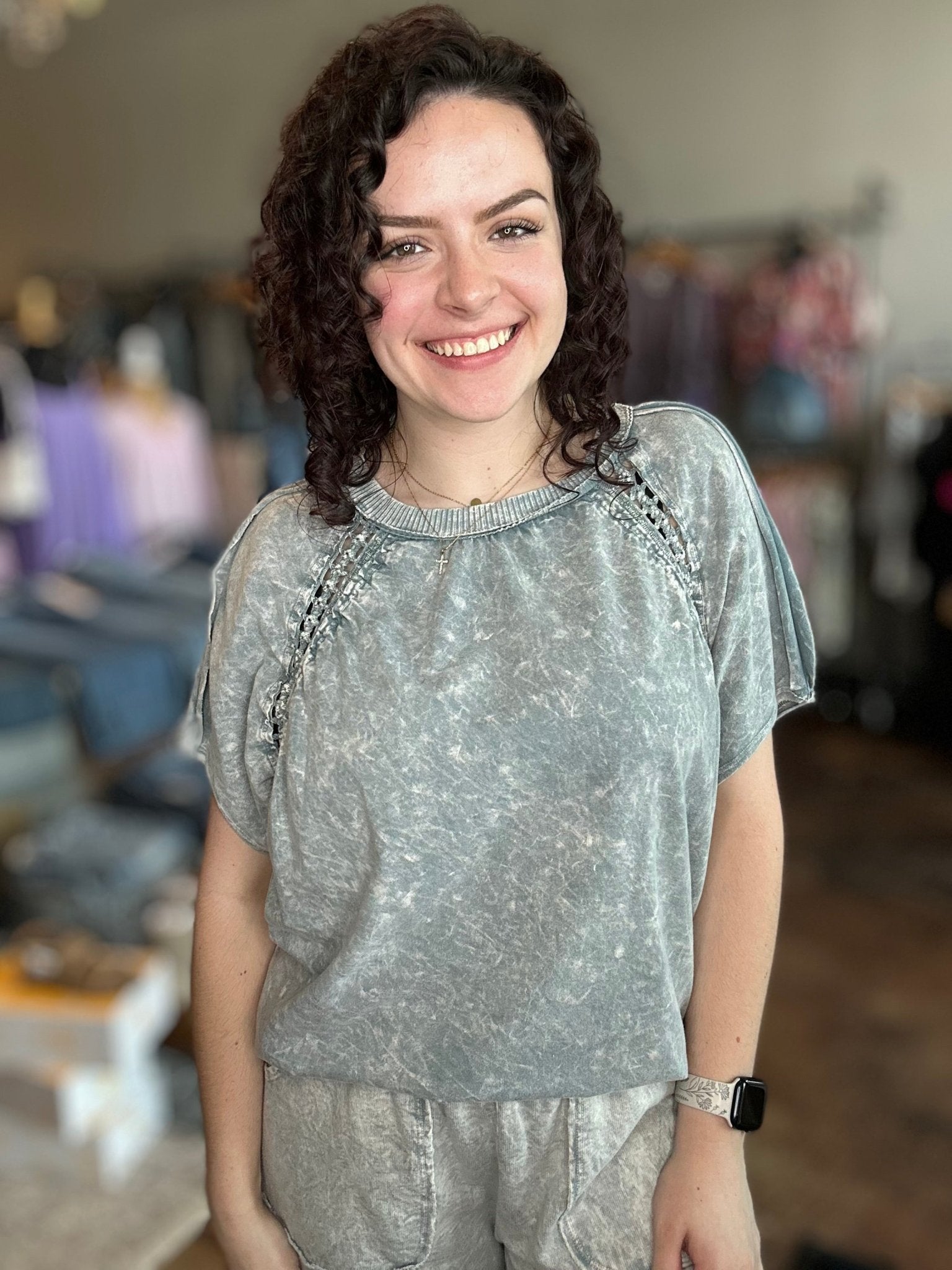 Mineral Washed Floral Trim Top - Mainstream Boutique