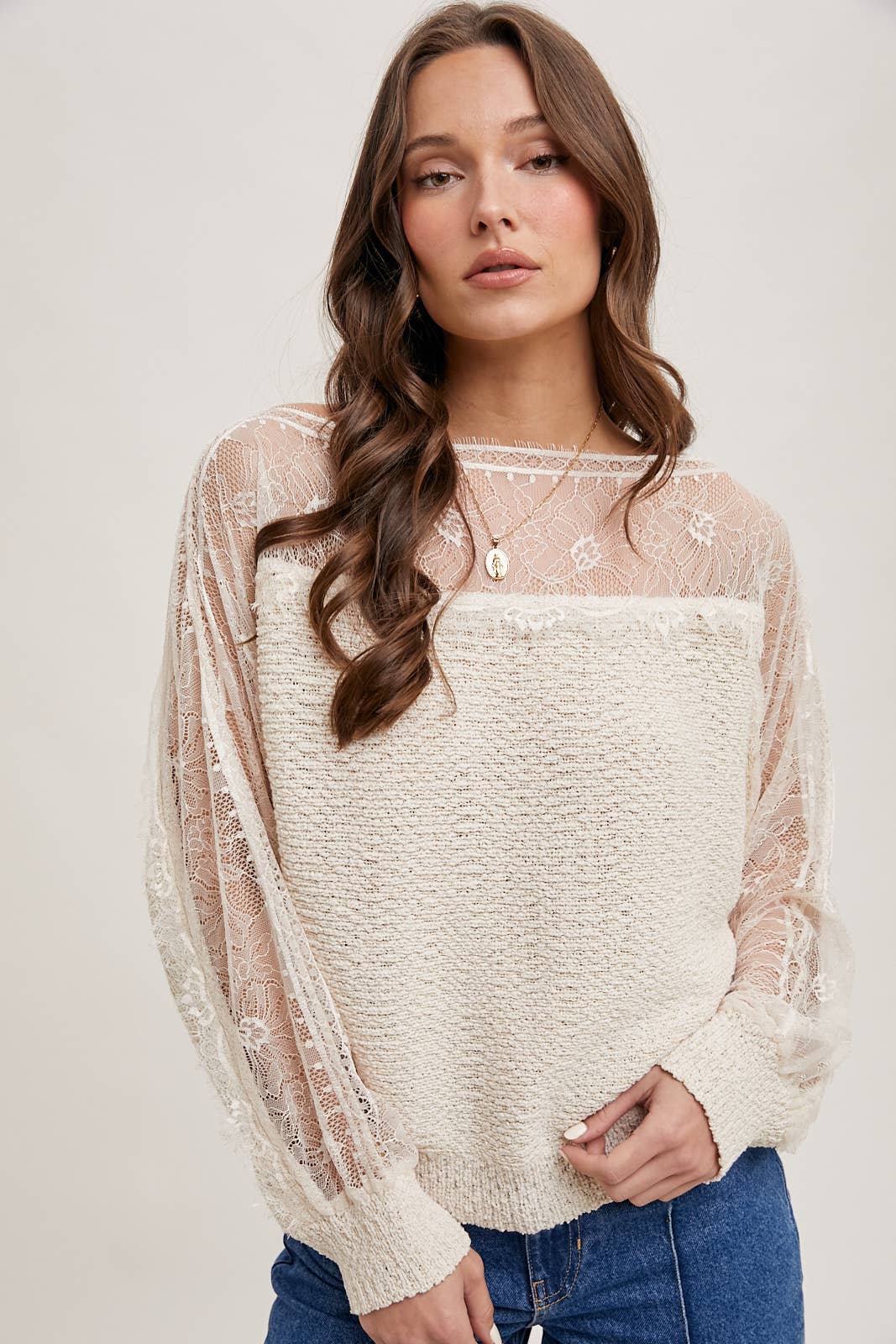 BOAT NECK LACE TRIMMED KNIT SWEATER PULLOVER - Mainstream Boutique