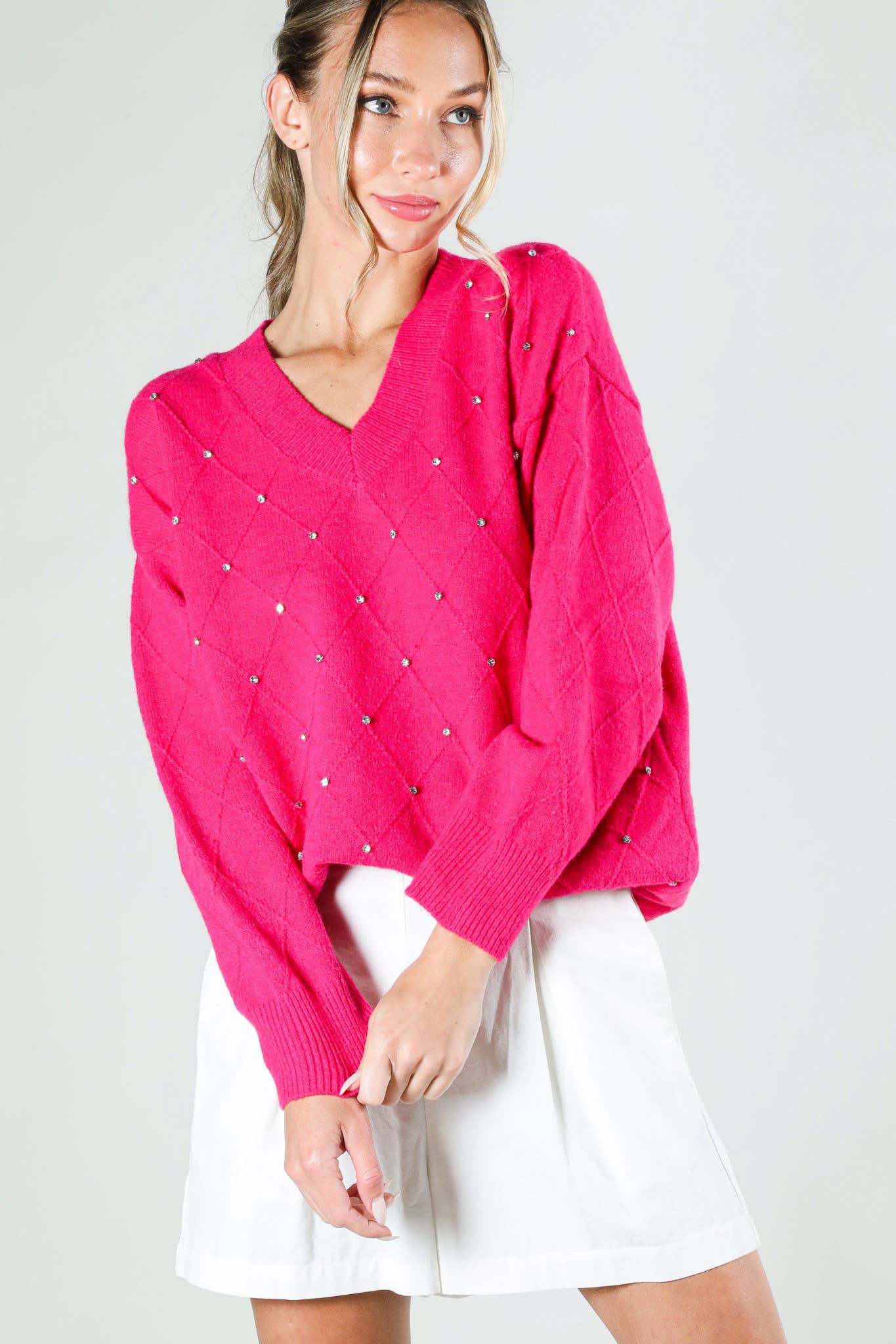 V - Neck Rhinestone Accent Argyle Knitted Sweater Top VT81546 - Mainstream Boutique