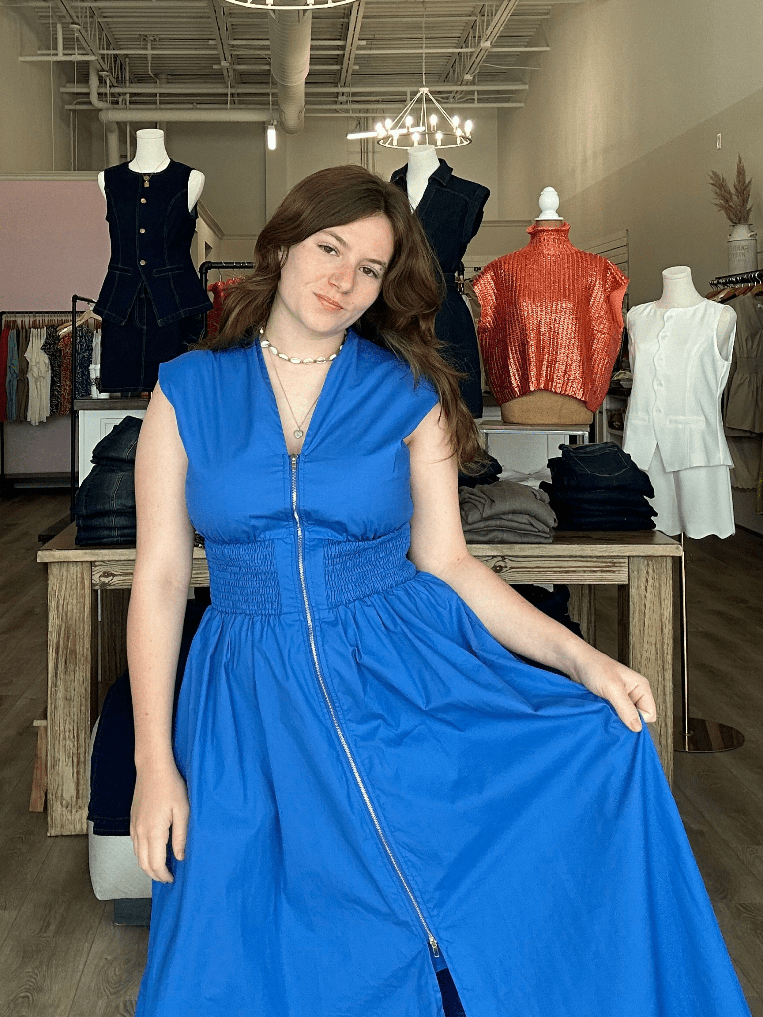 DROP SHOULDER SMOCKED WAIST MIDI DRESS W/FRONT ZIPPER AND POCKETS - Mainstream Boutique