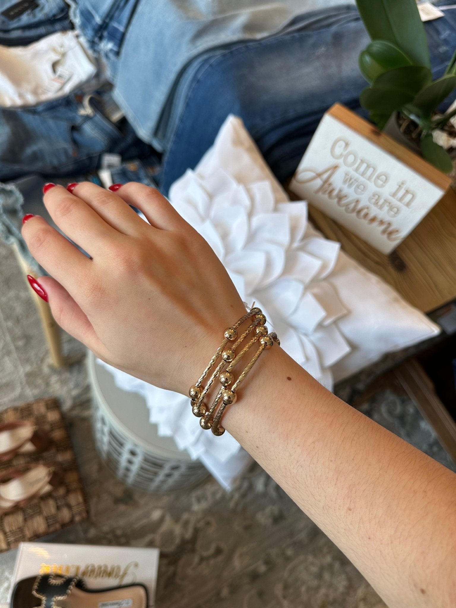 Gold Piping And Beaded Stretch Bracelet Stack - Mainstream Boutique