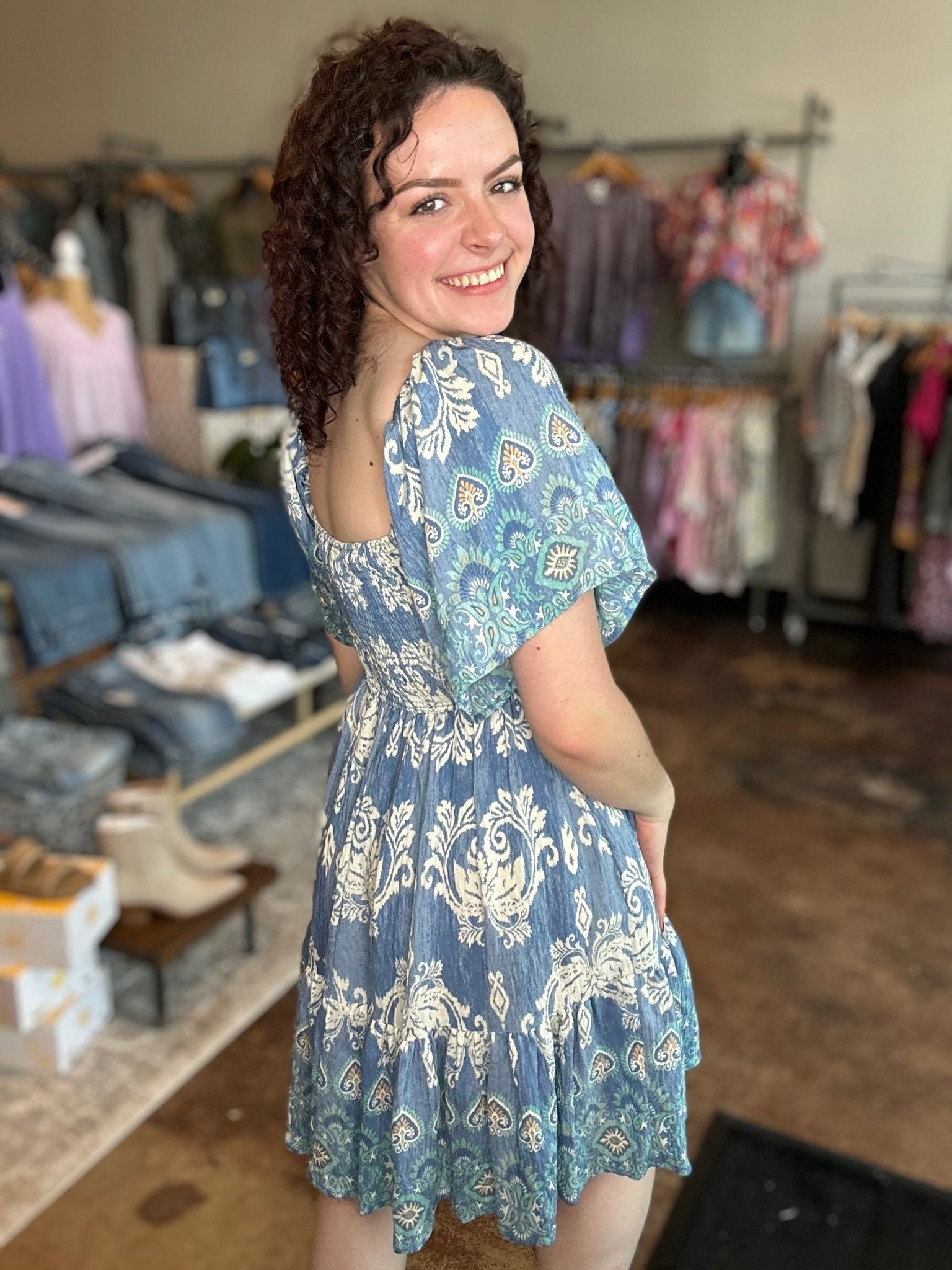 Short Sleeve Smocked Border Print Dress - Mainstream Boutique