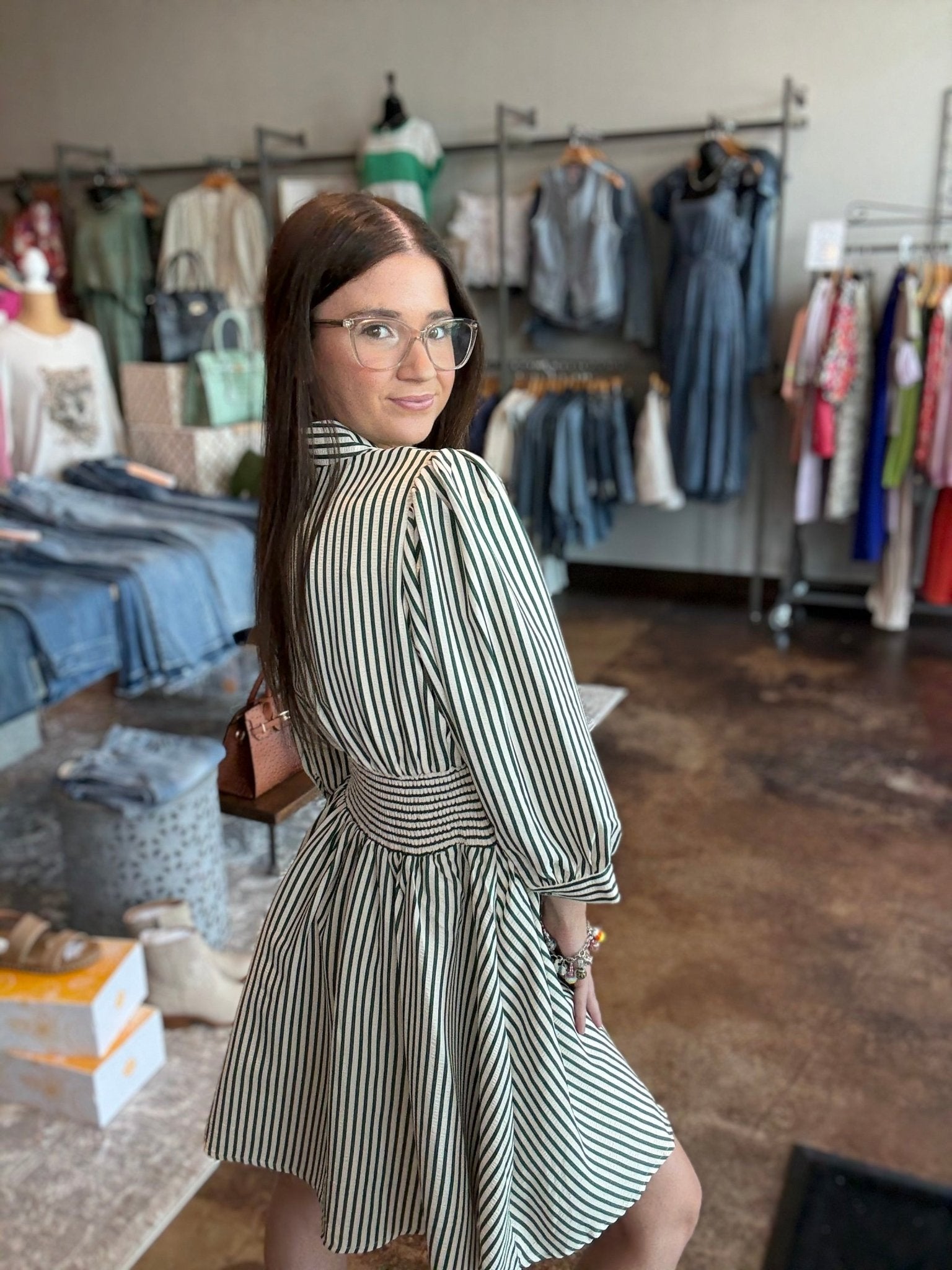 Puff Sleeve Striped Zip - Up Dress - Mainstream Boutique
