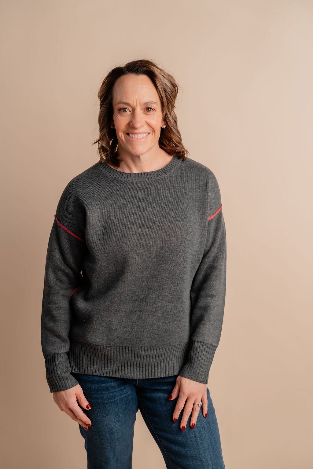 Round Neck Sweater W/ Contrast Trim - Mainstream Boutique