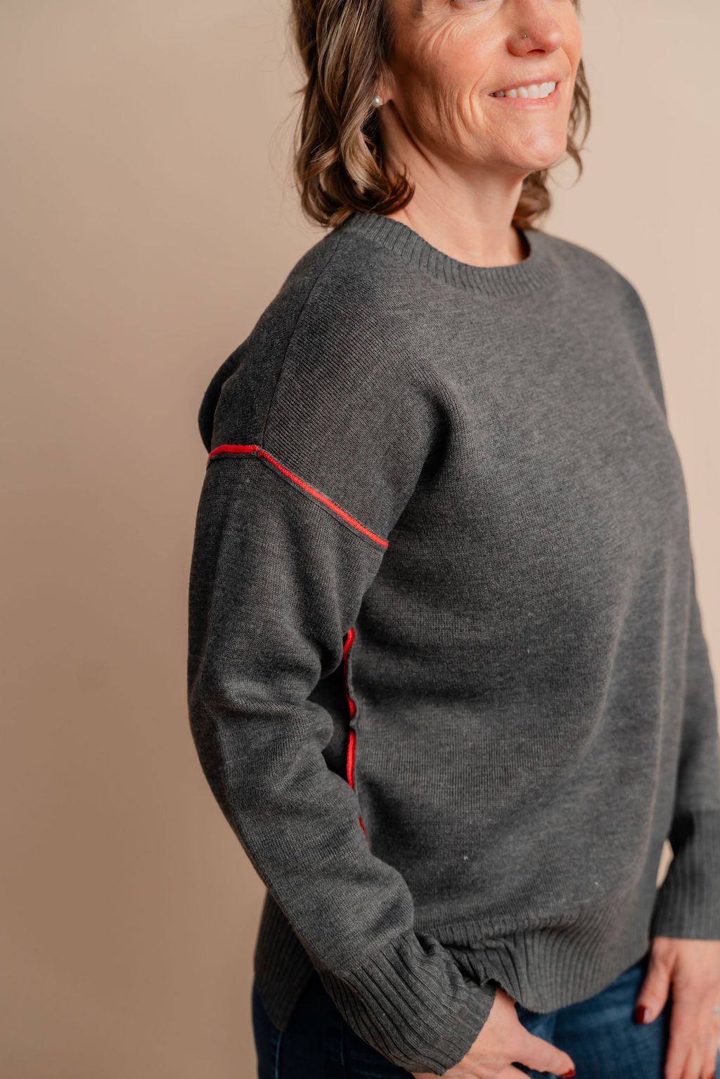 Round Neck Sweater W/ Contrast Trim - Mainstream Boutique