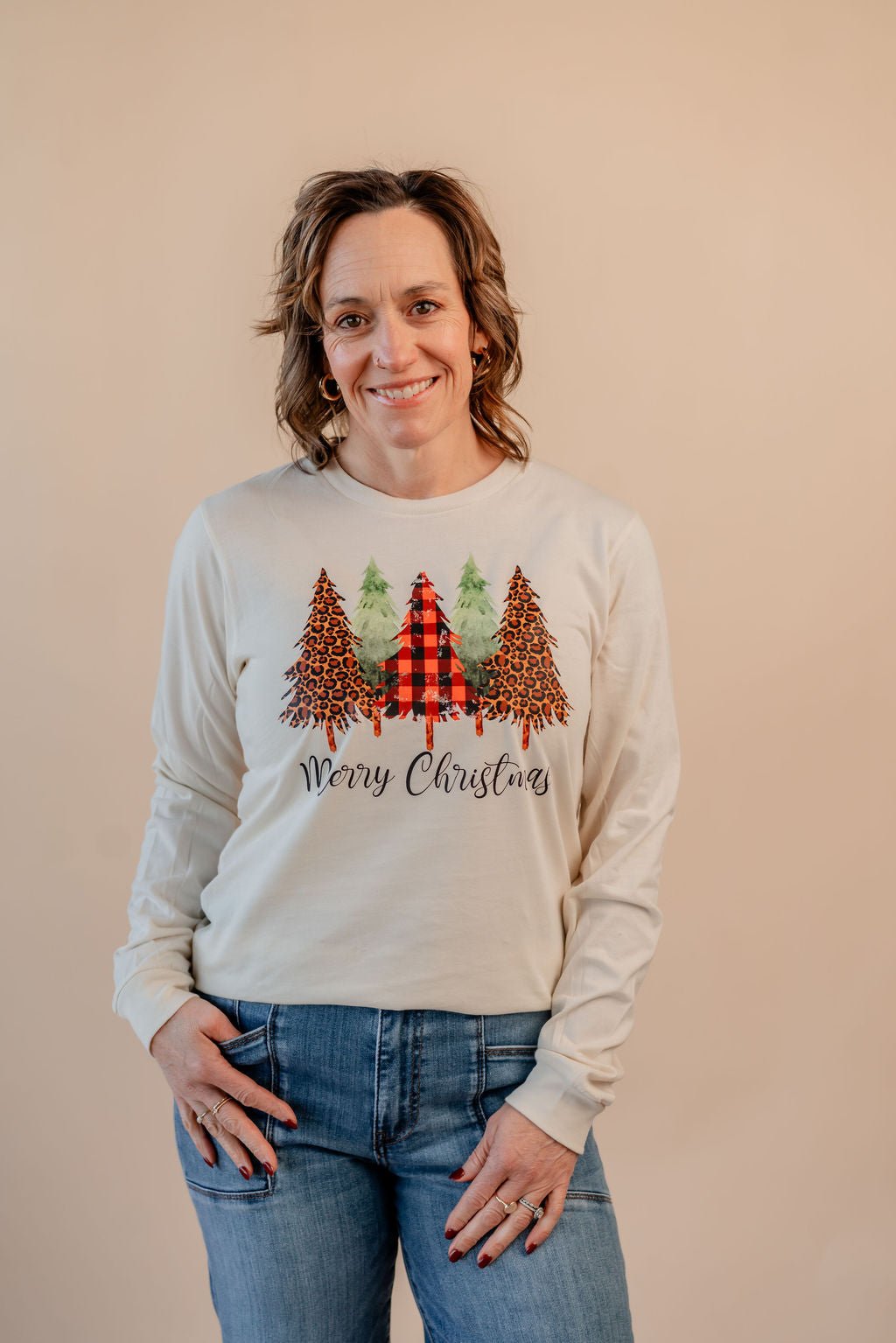 Merry Christmas Leopard Plaid Graphic Long Sleeve - Mainstream Boutique