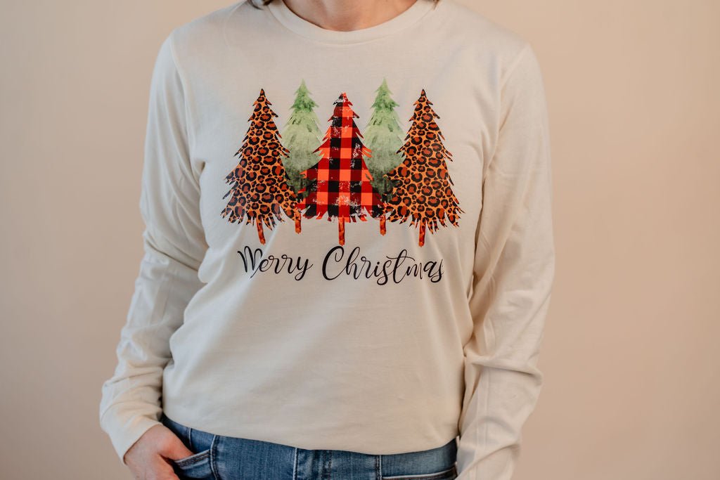 Merry Christmas Leopard Plaid Graphic Long Sleeve - Mainstream Boutique