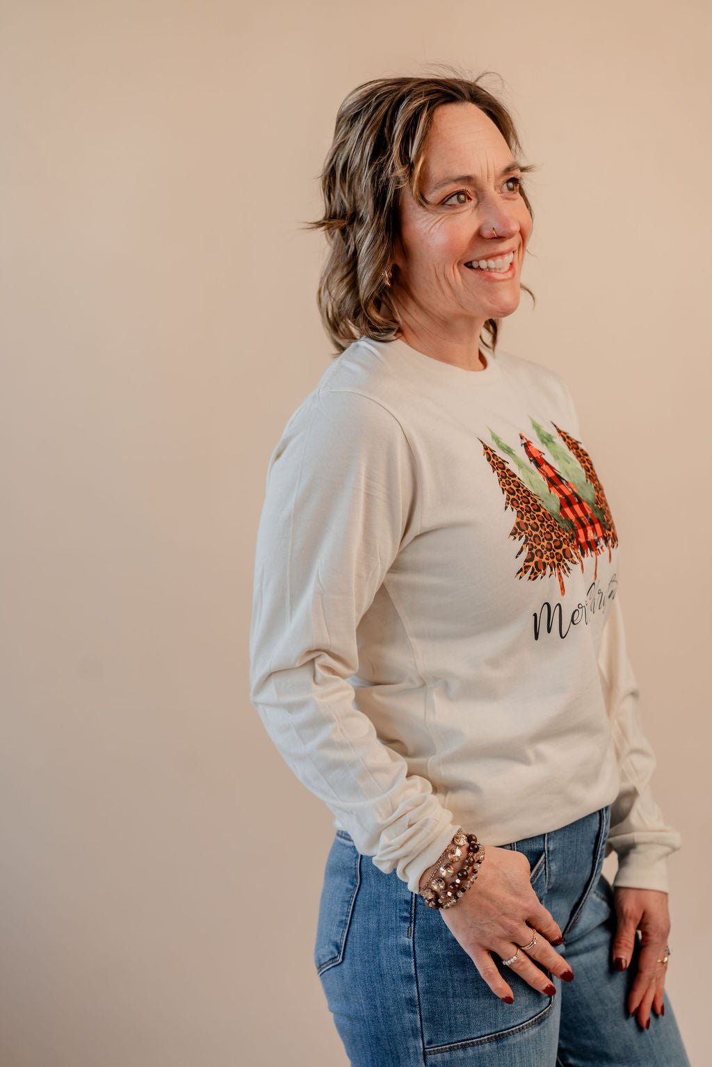 Merry Christmas Leopard Plaid Graphic Long Sleeve - Mainstream Boutique