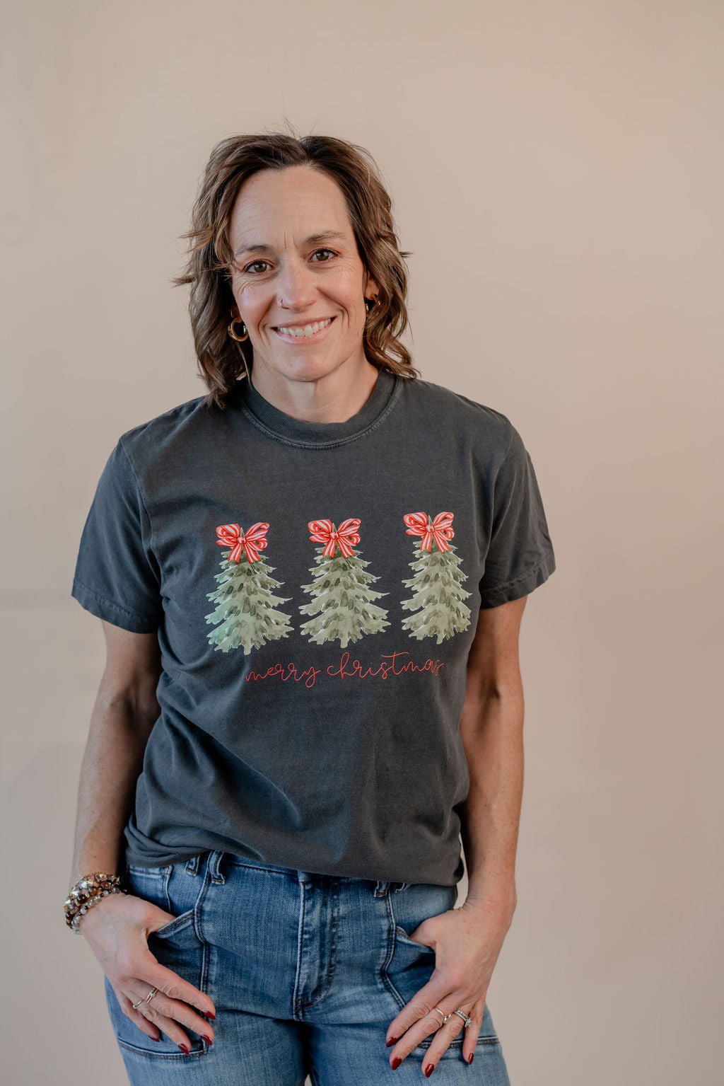 Merry Christmas Peppermint Bow Tree Comfort Tee - Mainstream Boutique