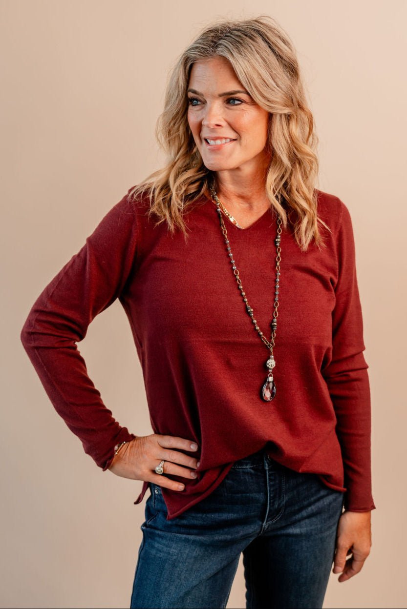 Basic Long Sleeve Vneck Sweater - Mainstream Boutique