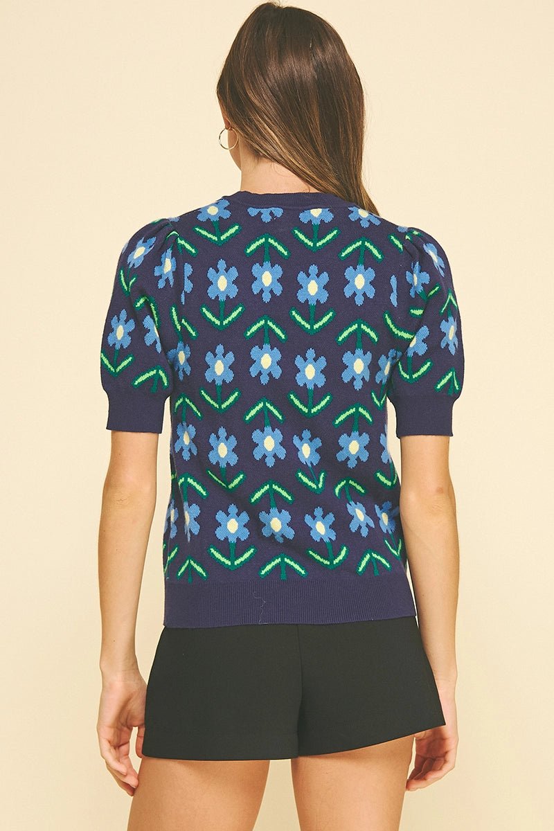 Pinch Floral Print Knit Sweater - Navy/Blue - Mainstream Boutique