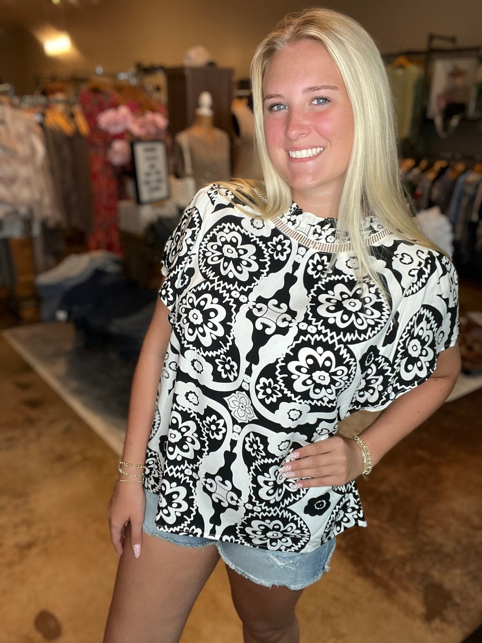 Medallion Print Blouse With Keyhole Back - Mainstream Boutique
