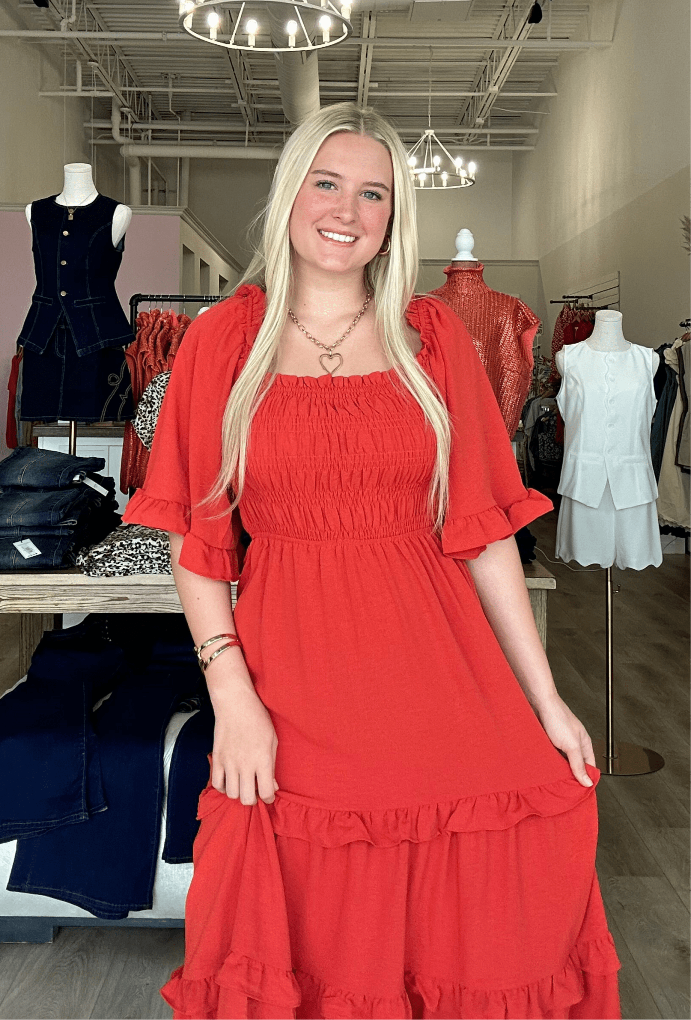 BELL SLEEVE SQUARE NECK SMOCKED TIERED MIDI DRESS - Mainstream Boutique