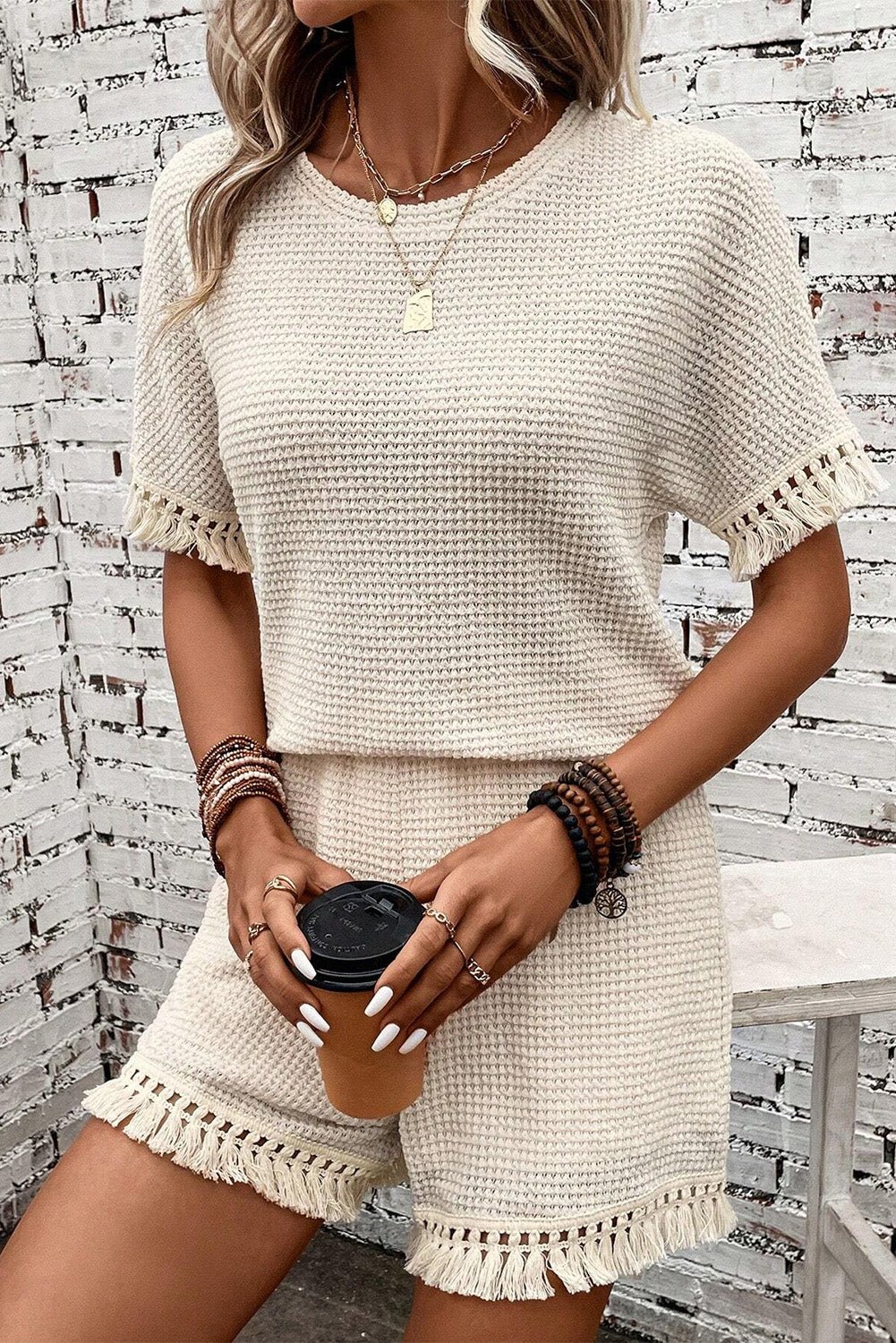 Fringe Trim Waffle Knit Shorts Set - Mainstream Boutique