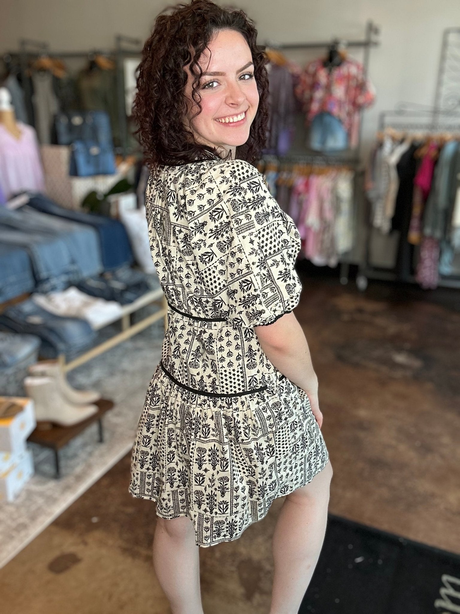 Puff Sleeve Piping Contrast Printed Poplin Dress - Mainstream Boutique
