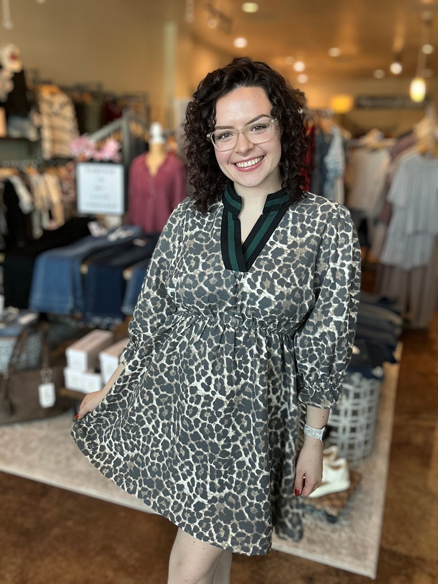 Contrast Collar Animal Print Dress - Mainstream Boutique