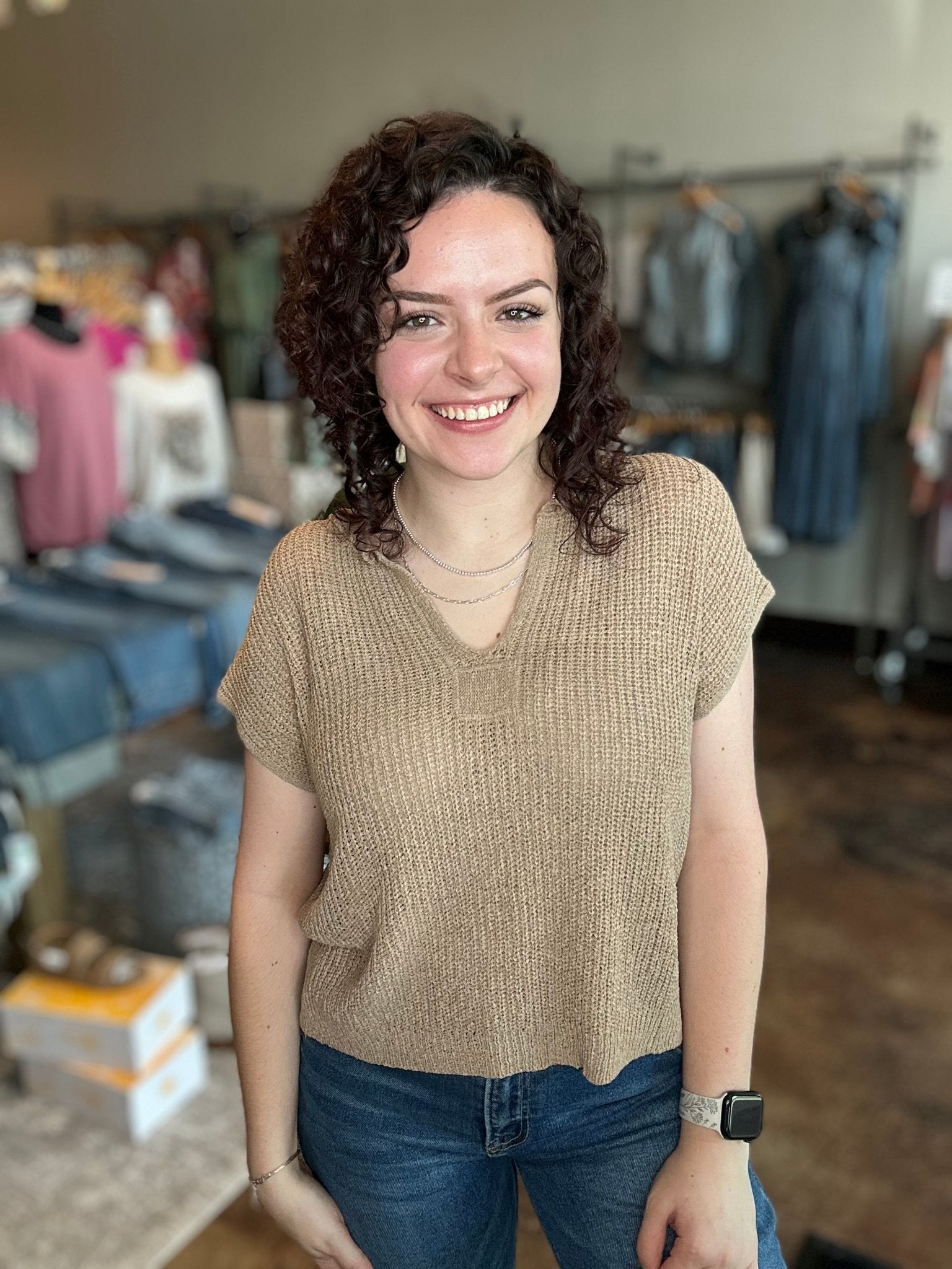 Split Neck Sweater Knit Top - Mainstream Boutique