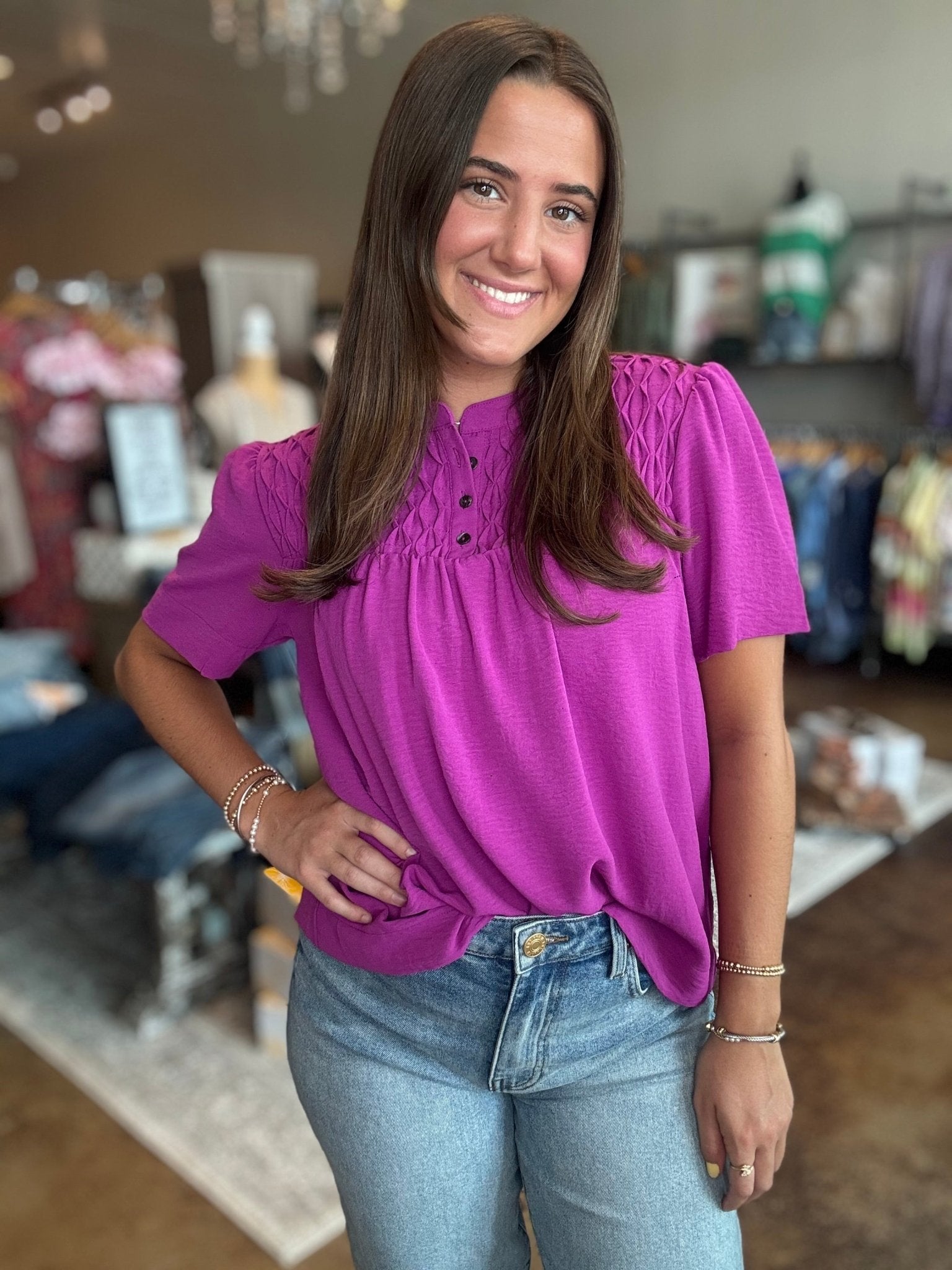 Half Sleeve Pintuck Woven Top - Mainstream Boutique