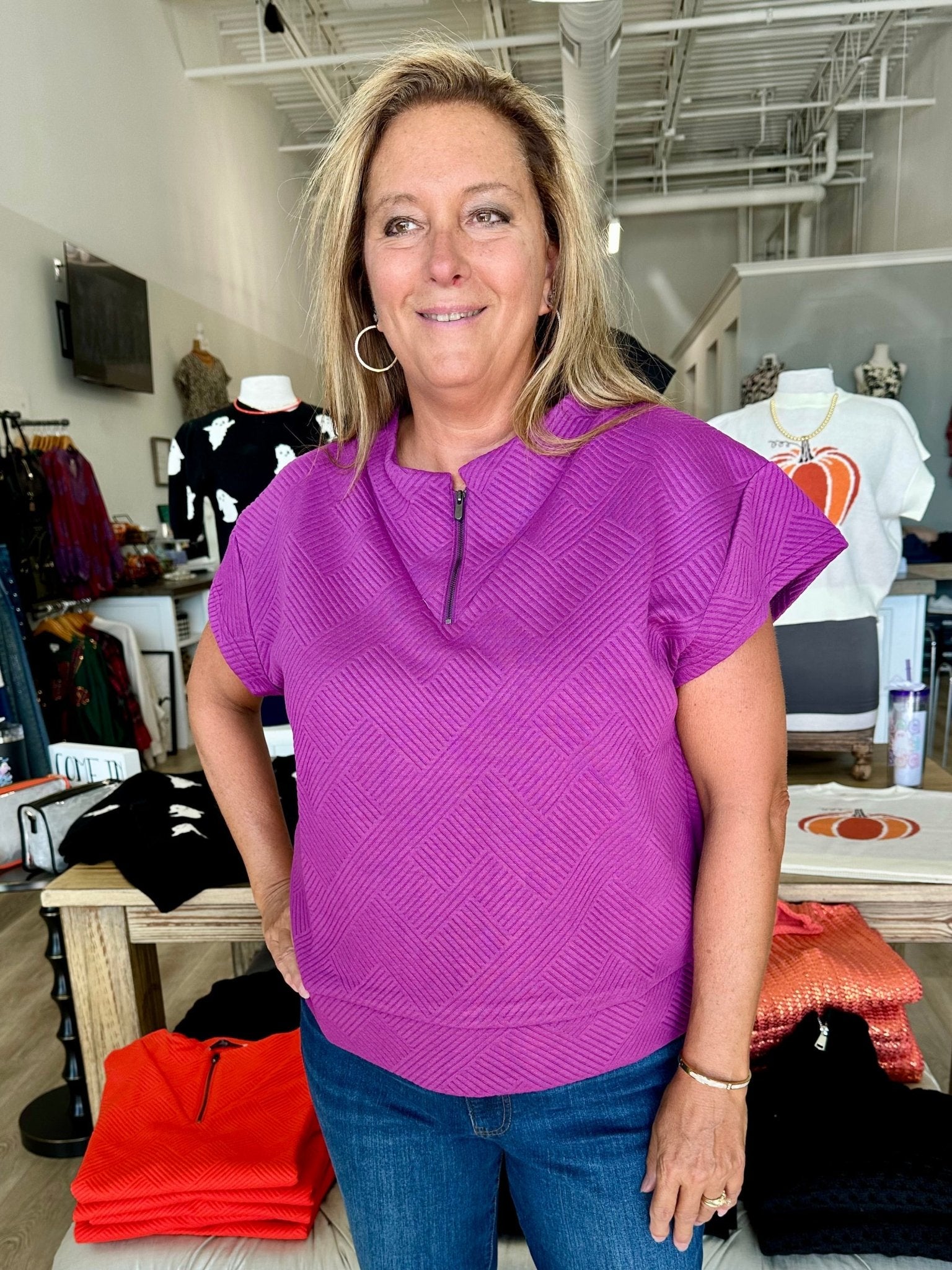 Textured Half Zip Top - Mainstream Boutique