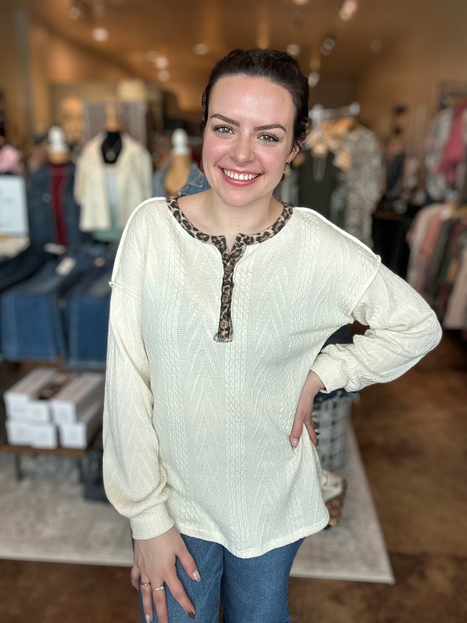 Animal Print Contrast Cable Knit Top - Mainstream Boutique