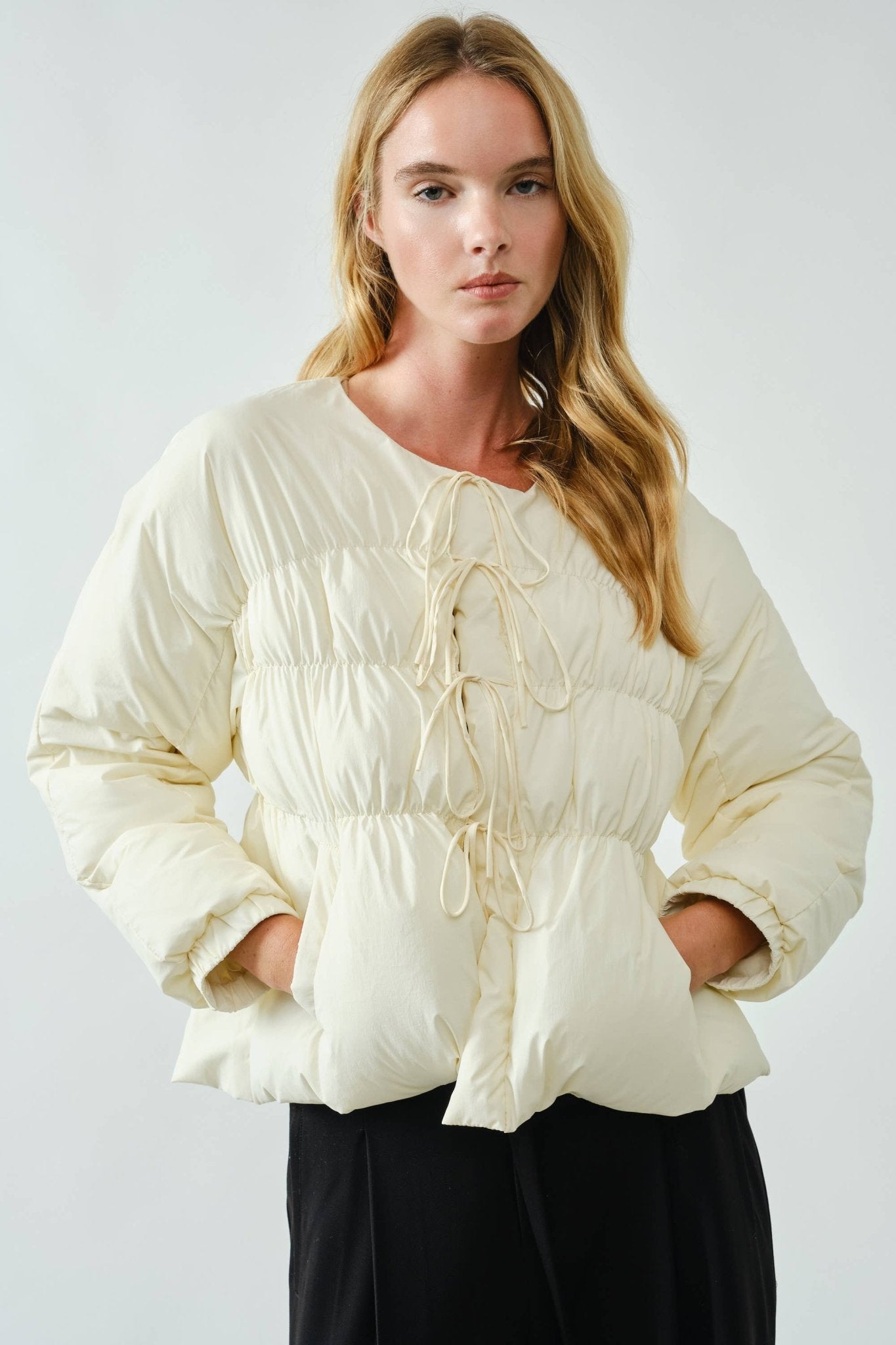 Babydoll Ribbon Padded Jacket - Cream - Mainstream Boutique