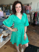 V - Neck Tiered Balloon Sleeve Dress - Mainstream Boutique