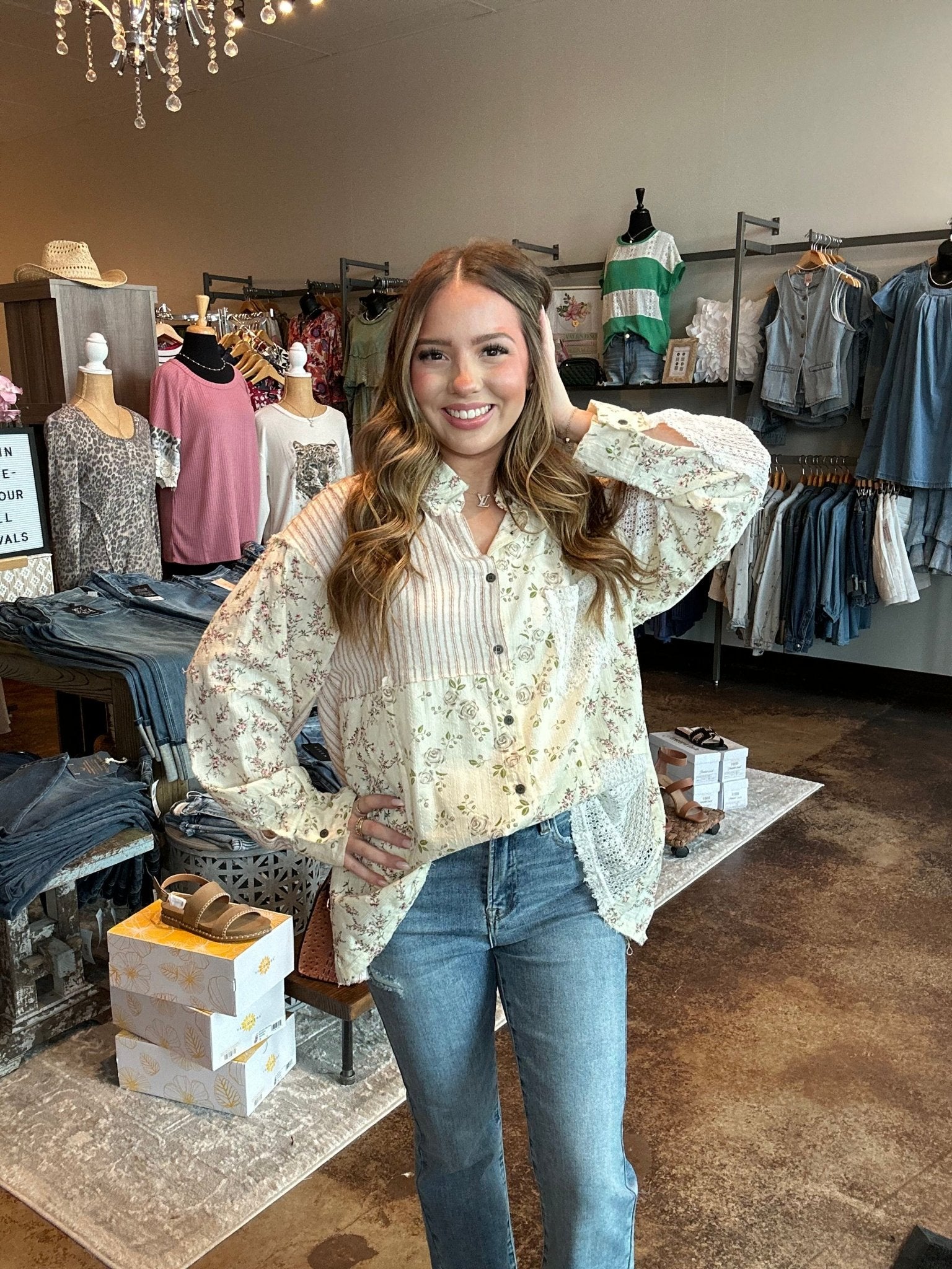 Floral Patchwork Long Sleeve Button Up Top - Mainstream Boutique