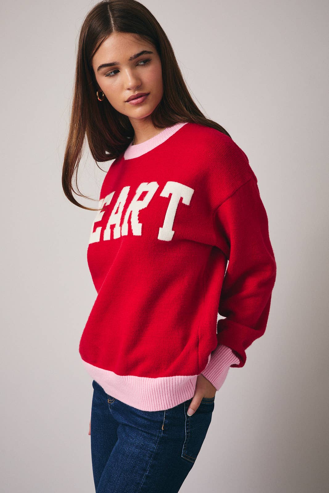 CREW NECK LONG SLEEVE "HEART" SWEATER - Mainstream Boutique