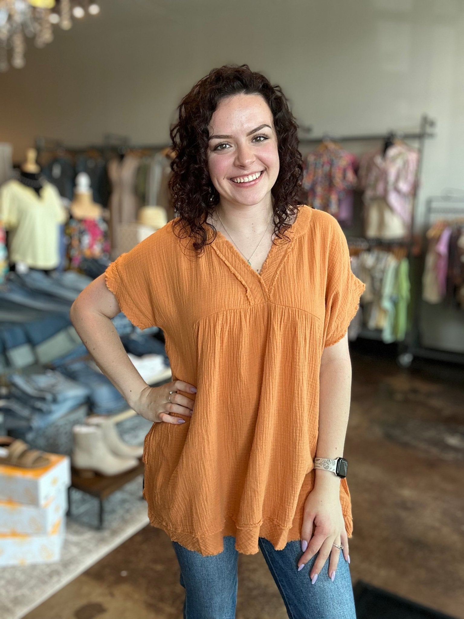 Raw Hem Short Sleeve V - Neck Gauze Top - Mainstream Boutique