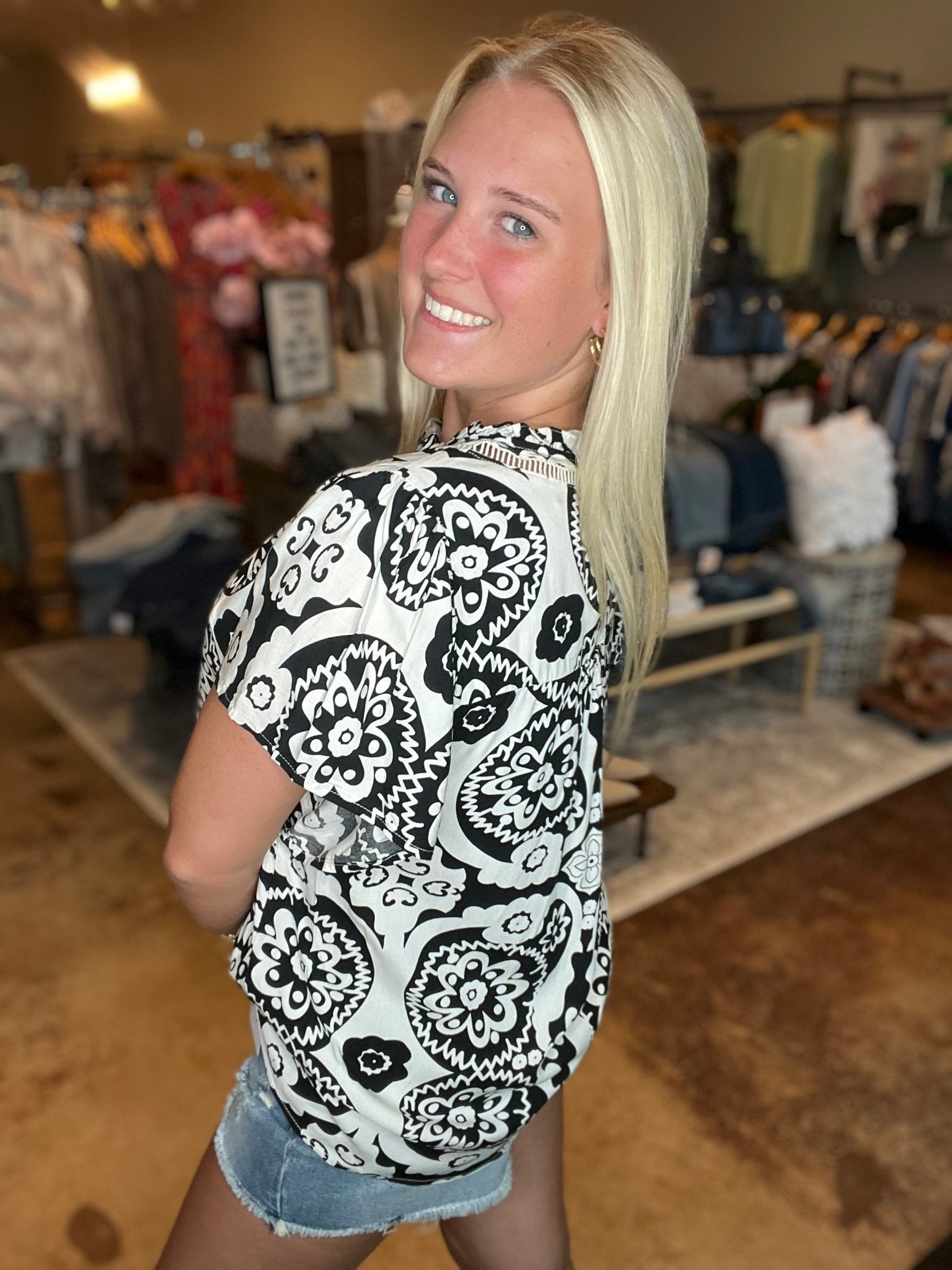 Medallion Print Blouse With Keyhole Back - Mainstream Boutique