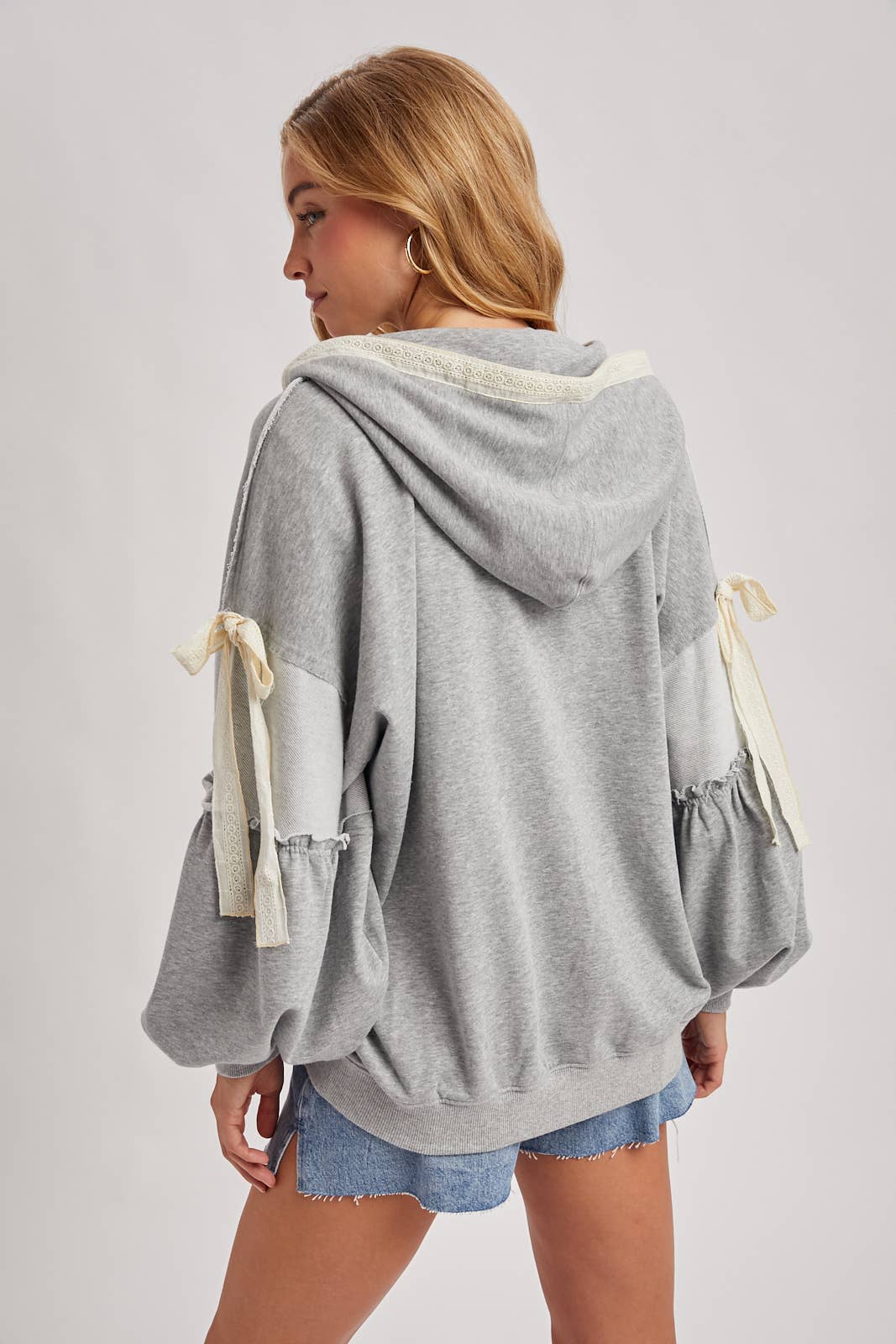 BALLOON SLEEVE LACE TRIMMED ZIPPER FRONT HOODIE OUTERWEAR - Mainstream Boutique