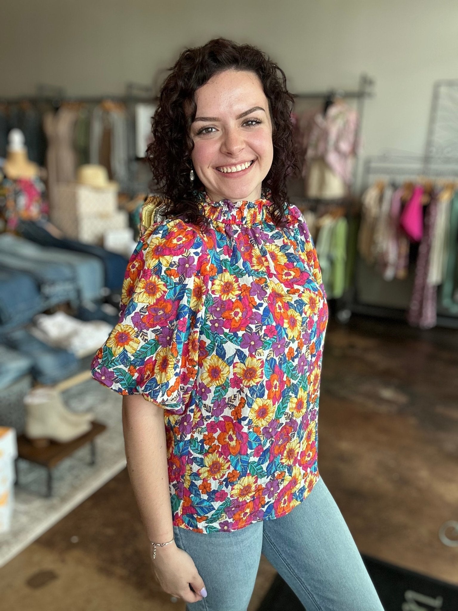 Puff Sleeve Floral Top With Button - Up Back - Mainstream Boutique