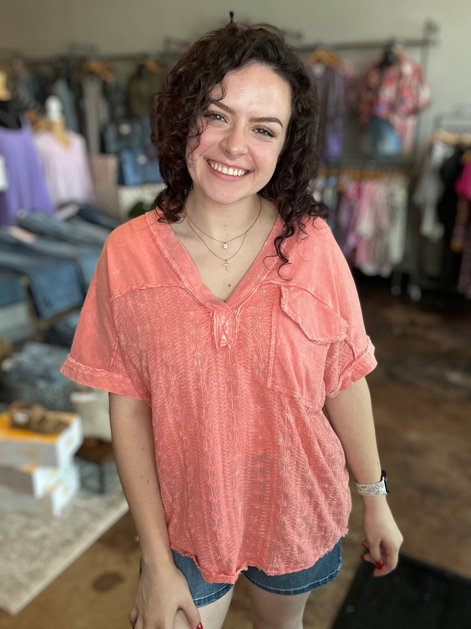 Floral Eyelet Half Sleeve Top - Mainstream Boutique