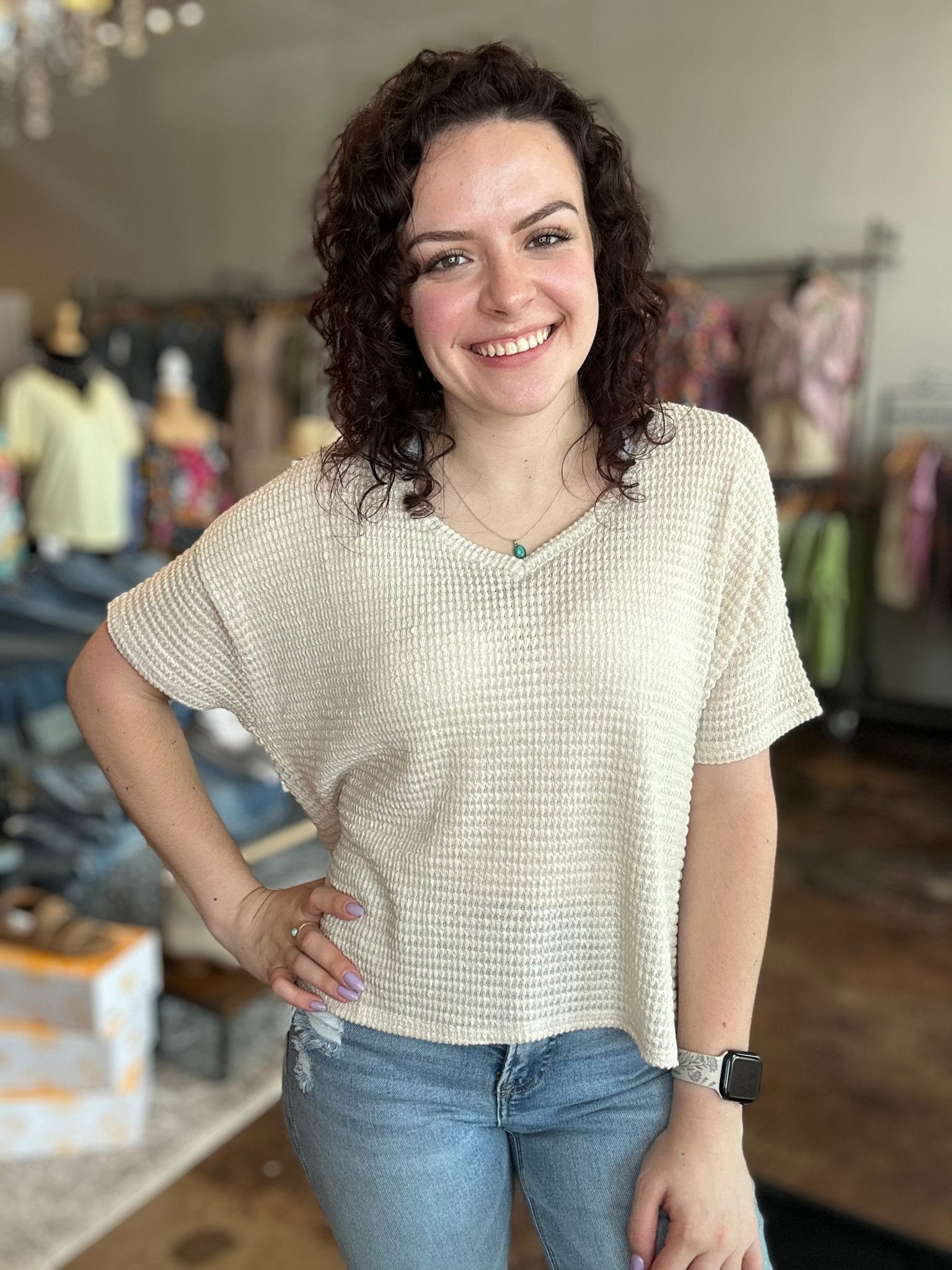 Drop Shoulder Short Sleeve Jacquard Sweater - Mainstream Boutique