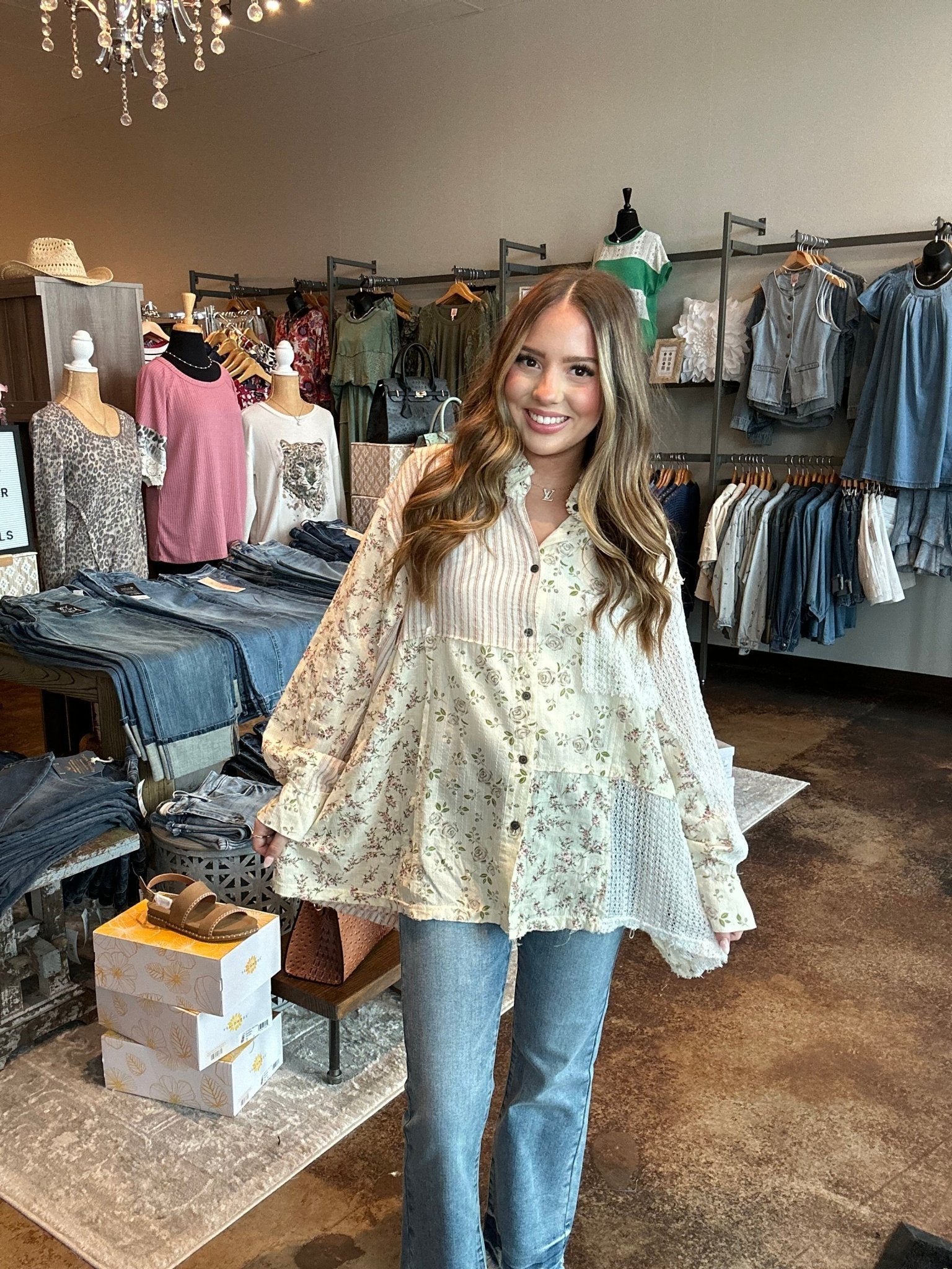 Floral Patchwork Long Sleeve Button Up Top - Mainstream Boutique