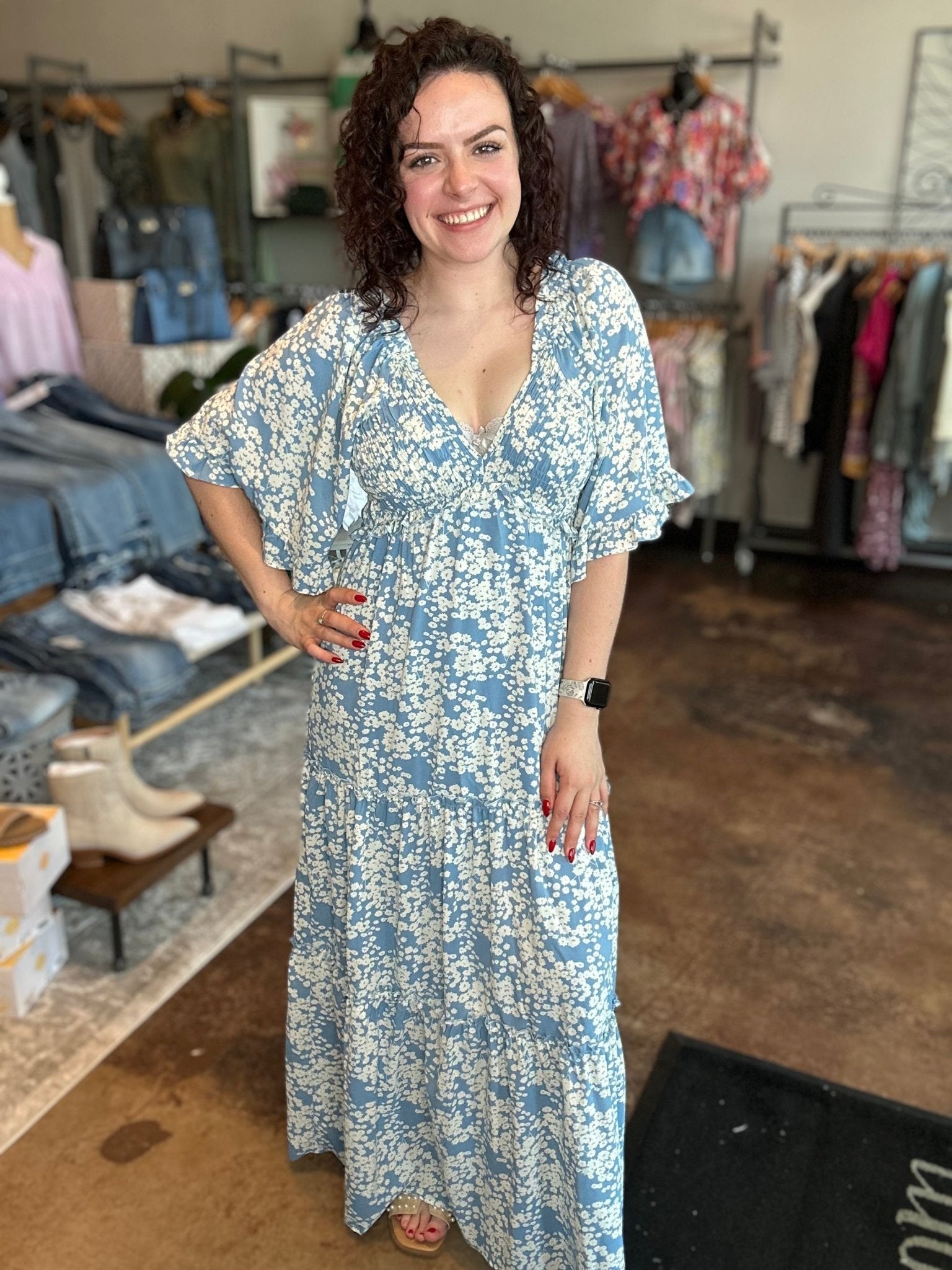 Flutter Sleeve Print V - Neck Maxi Dress - Mainstream Boutique