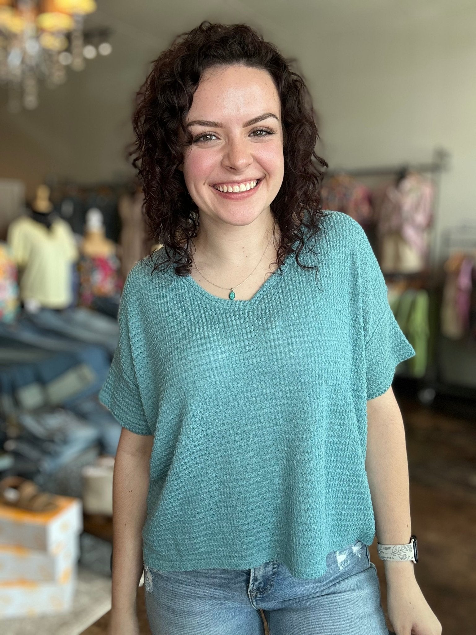 Drop Shoulder Short Sleeve Jacquard Sweater - Mainstream Boutique