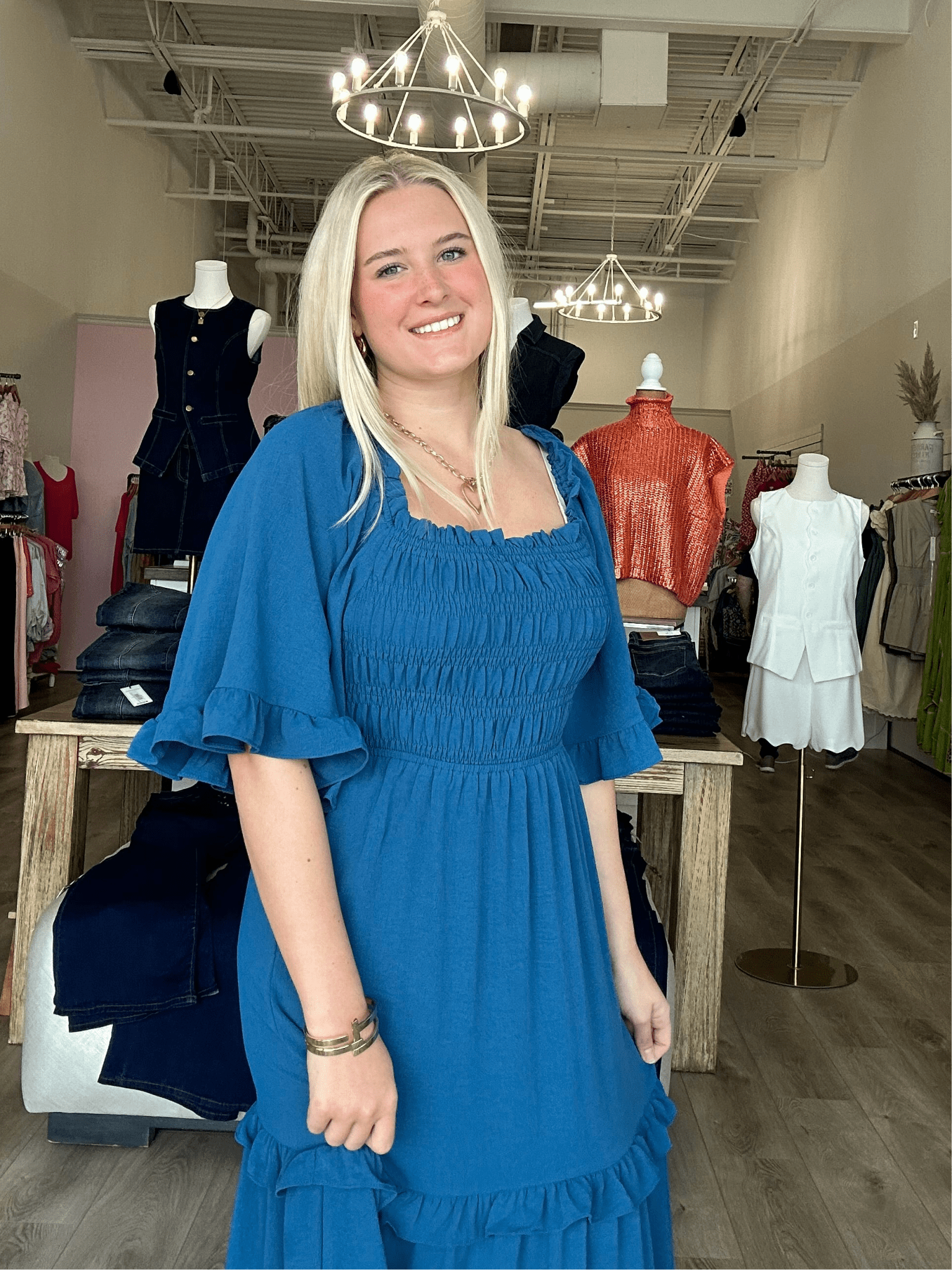 BELL SLEEVE SQUARE NECK SMOCKED TIERED MIDI DRESS - Mainstream Boutique