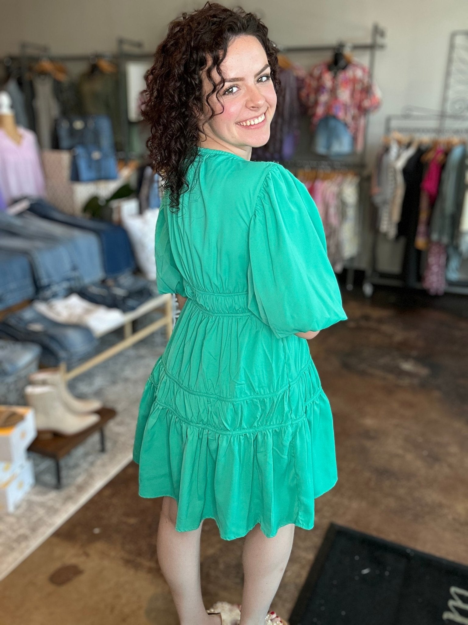 V - Neck Tiered Balloon Sleeve Dress - Mainstream Boutique
