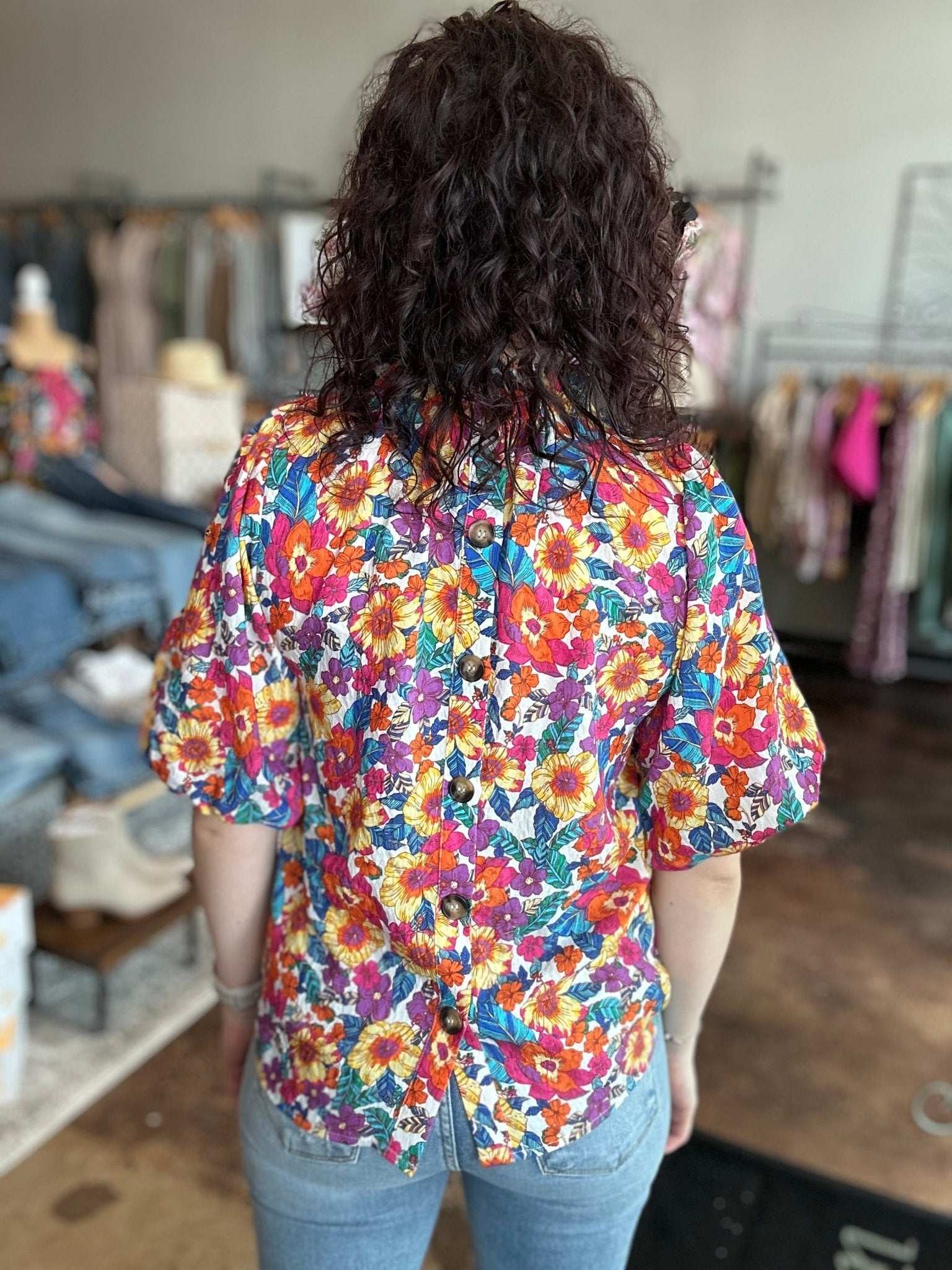 Puff Sleeve Floral Top With Button - Up Back - Mainstream Boutique