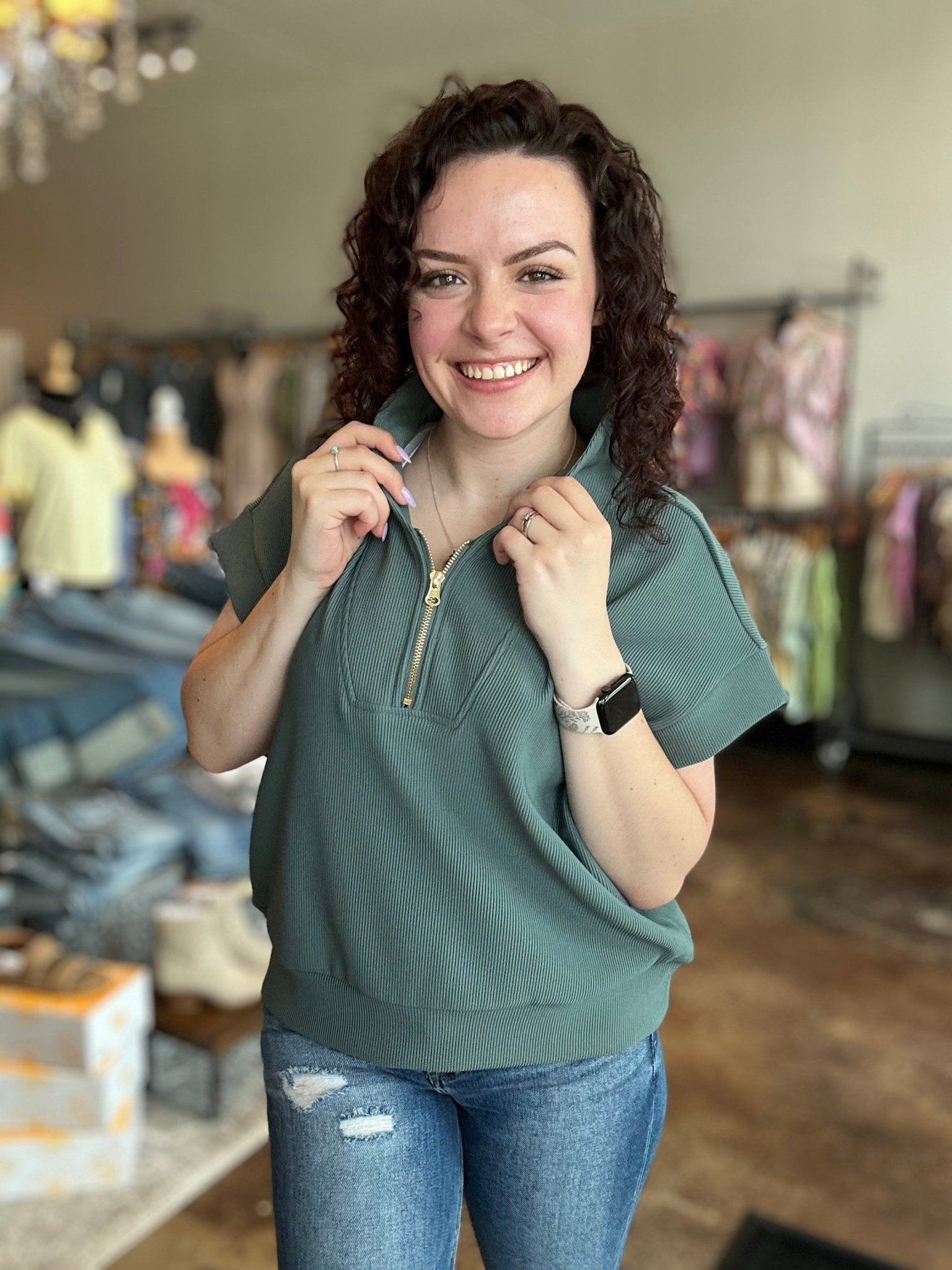 Ribbed Half Zip Top - Mainstream Boutique