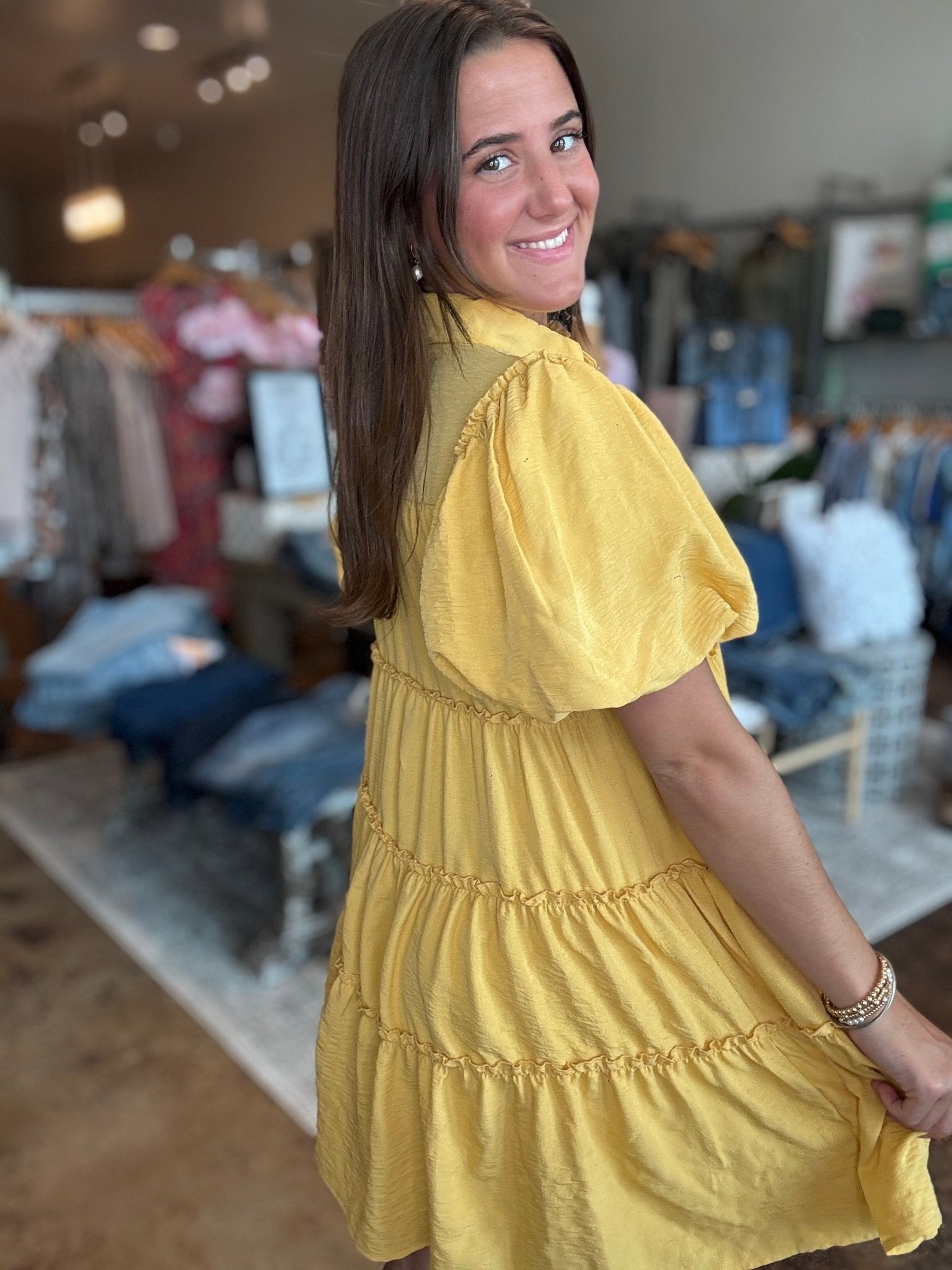 Puff Sleeve Button Down Tiered Dress - Mainstream Boutique