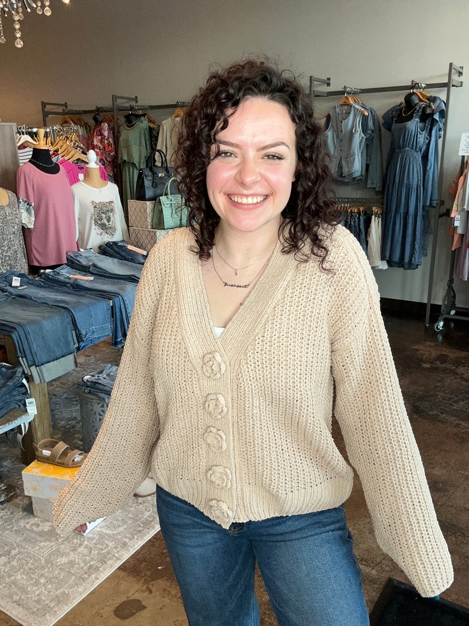 Flower Button Chenille Cardigan - Mainstream Boutique