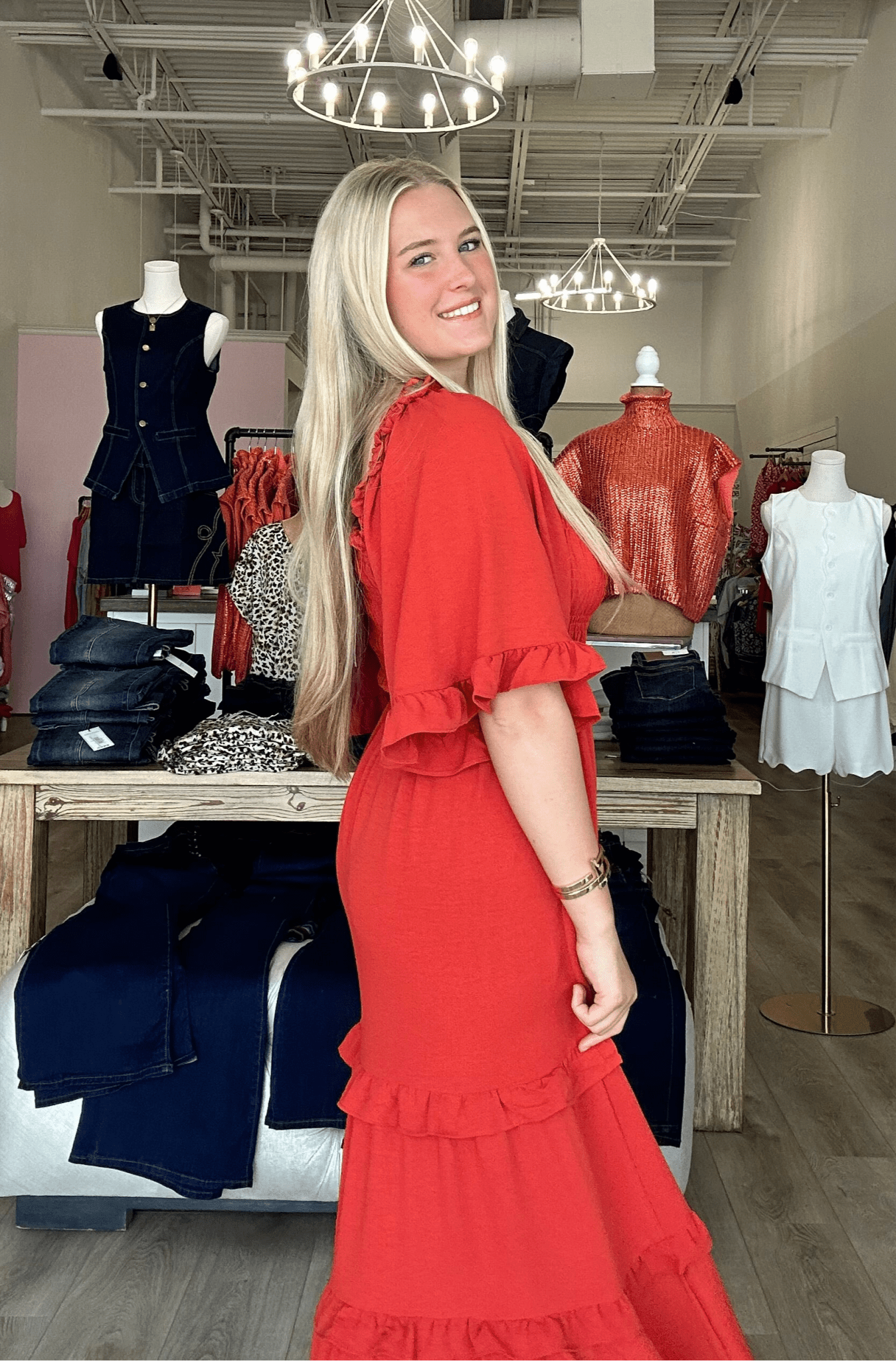 BELL SLEEVE SQUARE NECK SMOCKED TIERED MIDI DRESS - Mainstream Boutique