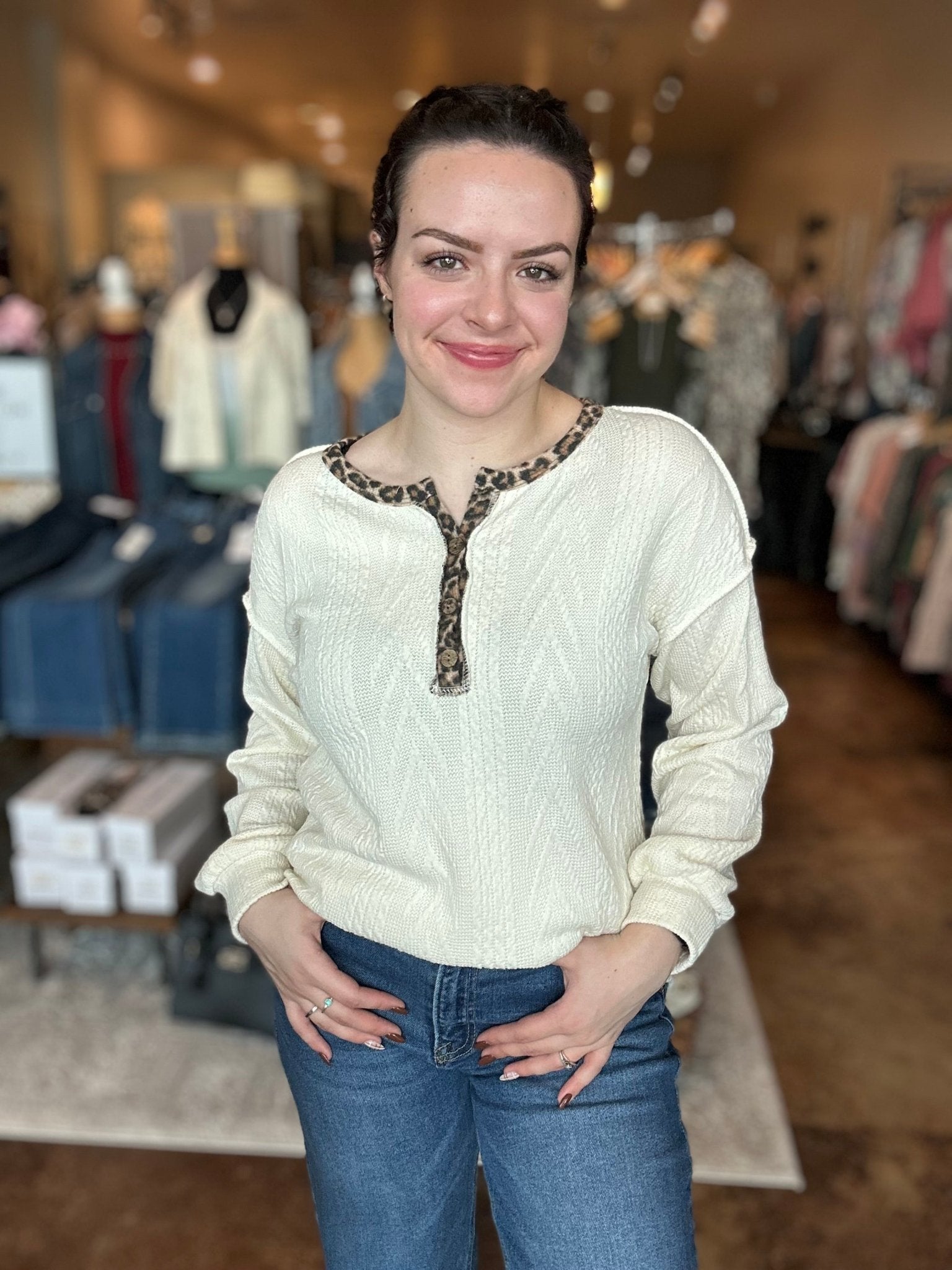 Animal Print Contrast Cable Knit Top - Mainstream Boutique