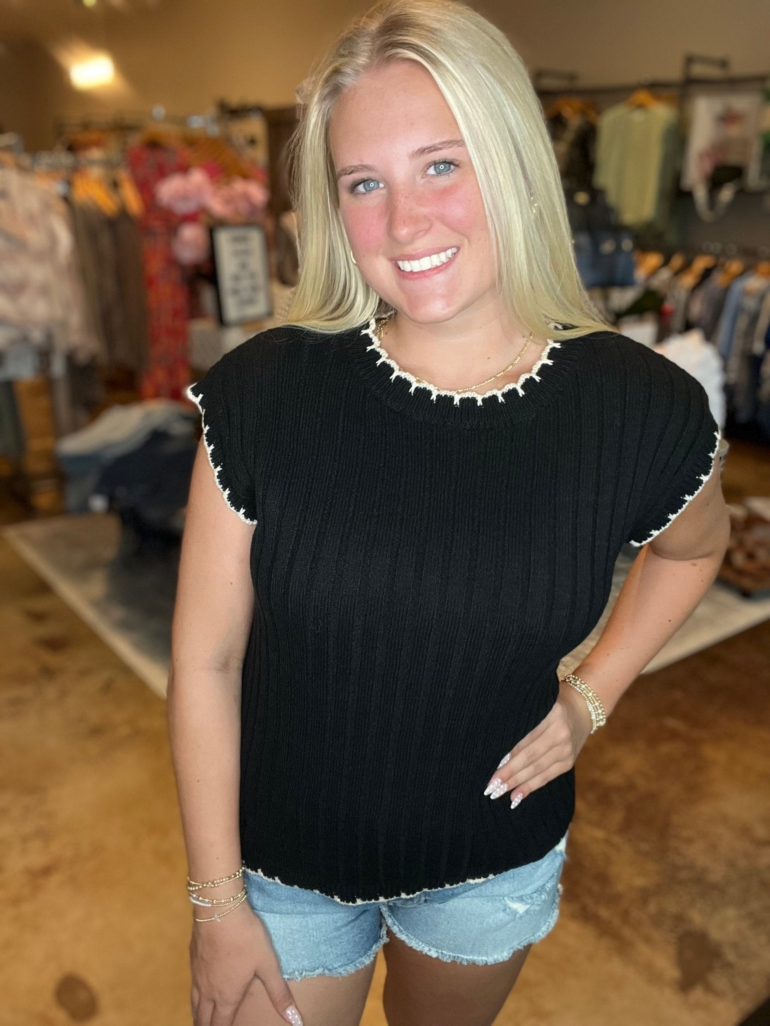 Stripe Knit Sweater With Contrast Scallop Edge - Mainstream Boutique